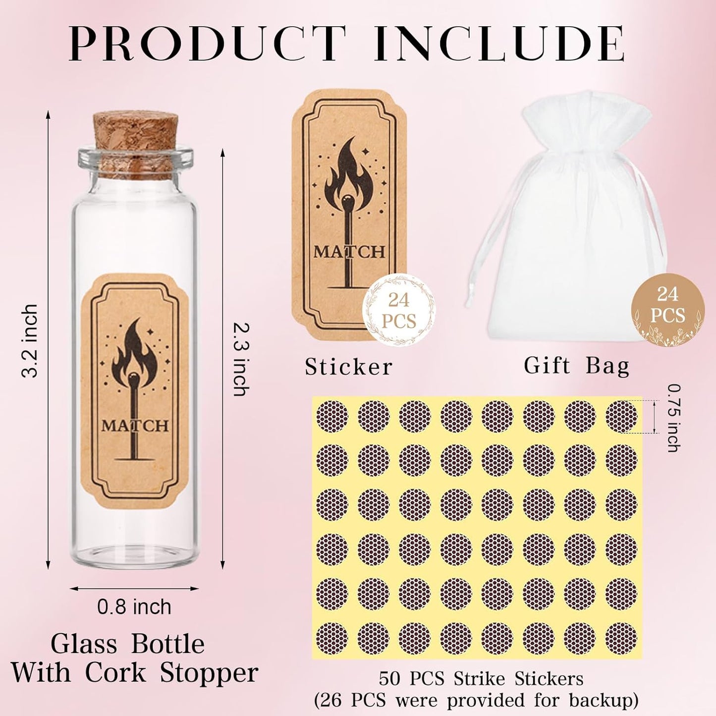 24 Set Glass Match Holder with Striker sticker & Cork Top, Clear Decorative Wedding Matches Jars Bulk，Matches in a jar with striker for Weddings Bridal Showers DIY Custom Party Favors Guests Gifts