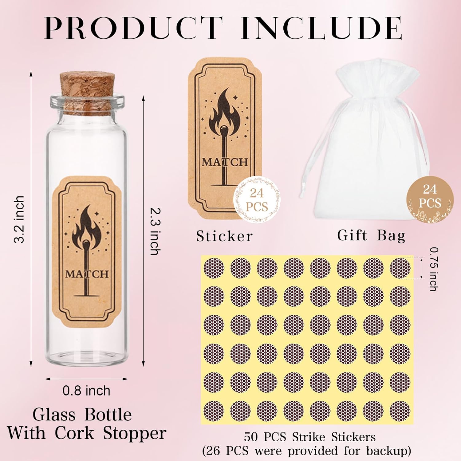 24 Set Glass Match Holder with Striker sticker & Cork Top, Clear Decorative Wedding Matches Jars Bulk，Matches in a jar with striker for Weddings Bridal Showers DIY Custom Party Favors Guests Gifts