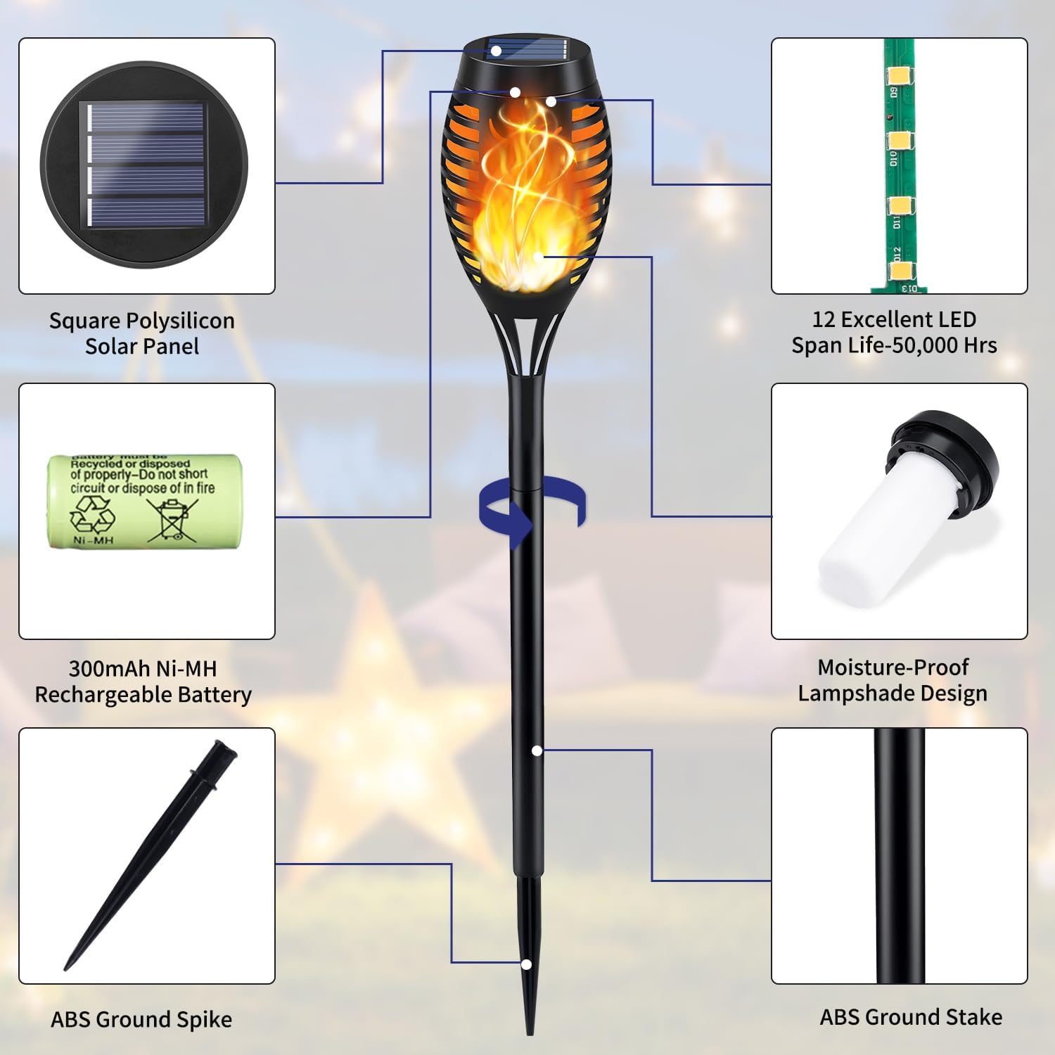 KYEKIO Solar Torch Light with Flickering Flame, 12Pack Solar Lights Outdoor, Solar Garden Lights Outdoor Waterproof, Luces Solares para Exteriores, Outside Lighting for Pathway Yard Patio Decorations