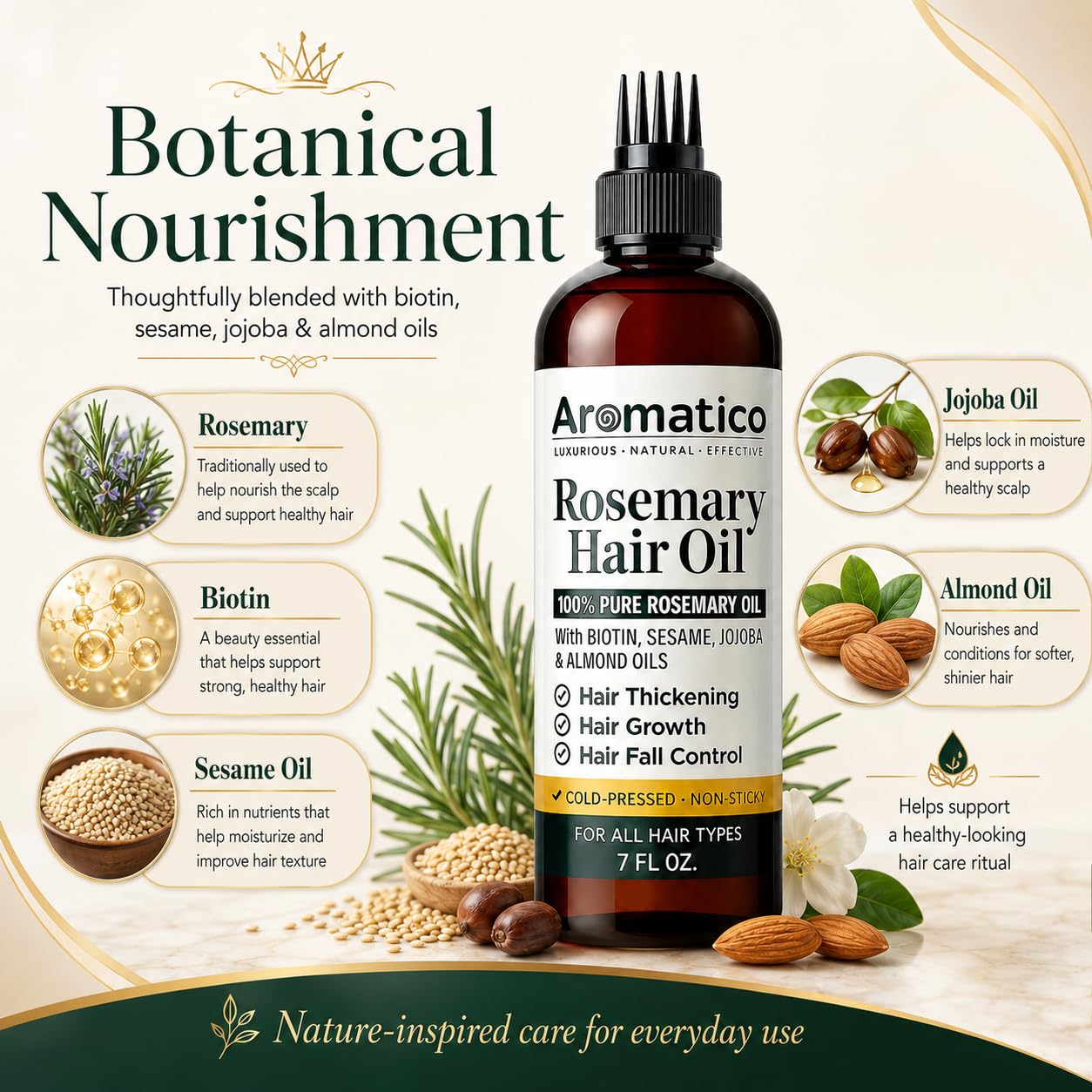 Aromatico 100% Pure Rosemary Oil for Hair Growth, Hair-fall Control & Hair Thickening. Enriched with Sesame, Jojoba & Almond Oils. Non-Sticky Texture. With Applicator Cap - 7 Fl Oz