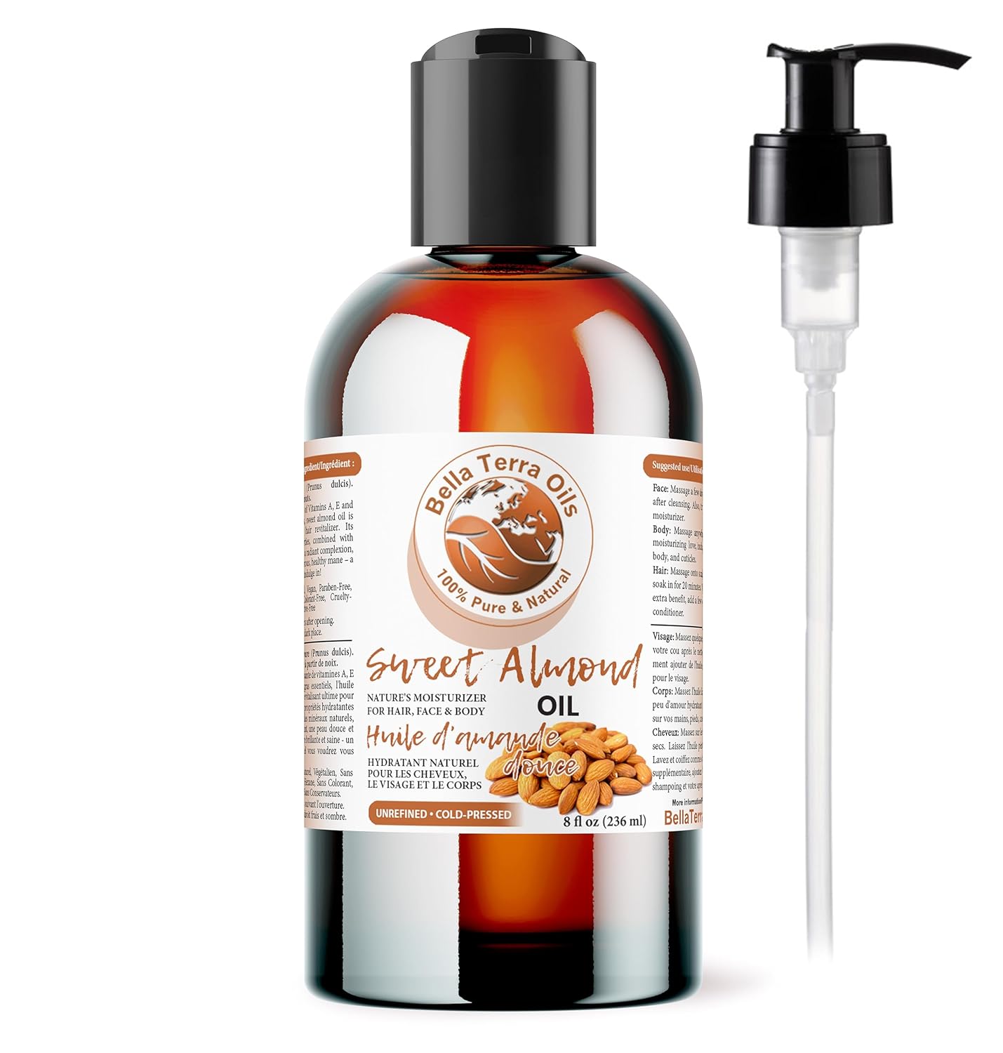 Bella Terra Oils - Natural Sweet Almond Oil 8oz - A Deep Dive into Almond's Vitamin A & Linoleic Acid Profile, Superior Cold-Pressed Delight for Skin