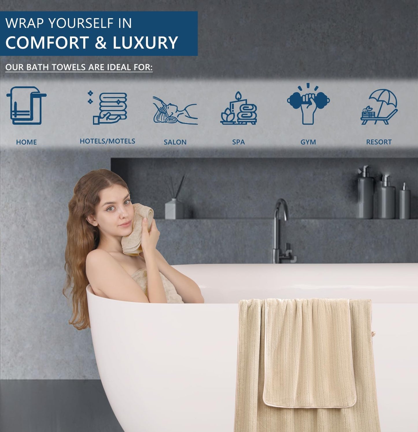 18 Piece Bath Towels Set,Ultra Soft Family Bathroom Towel Set with Hanging Loops-6 Bath Towels,6 Hand Towels,6 Washcloths,Highly Absorbent Quick Dry Shower Towel for Bathroom,Hotel,Spa-Beige Towel Set
