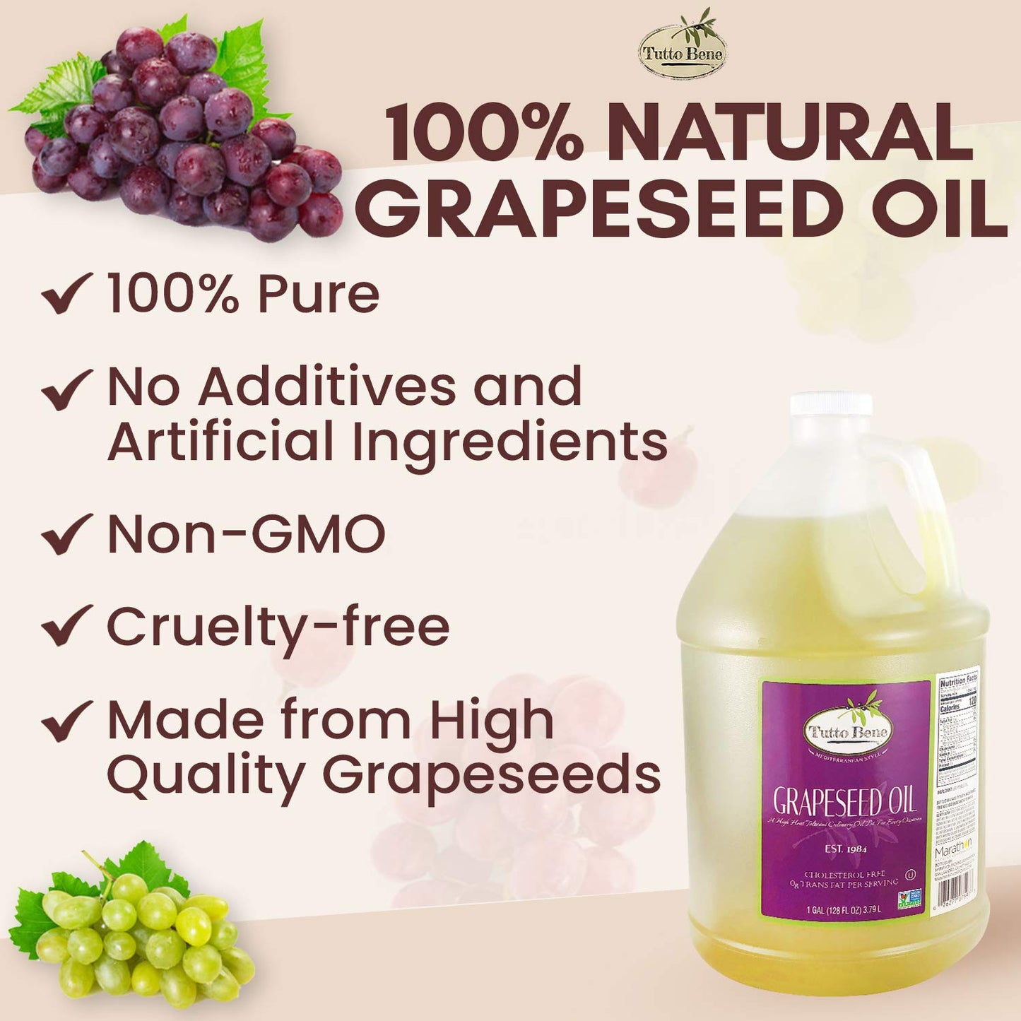 Tutto Bene Premium Quality Grapeseed Oil - 1 Gallon (128 ounces), for Cooking With 0% Trans Fat for Healthy Living - Cholesterol Free - High in Antioxidants and Vitamin E