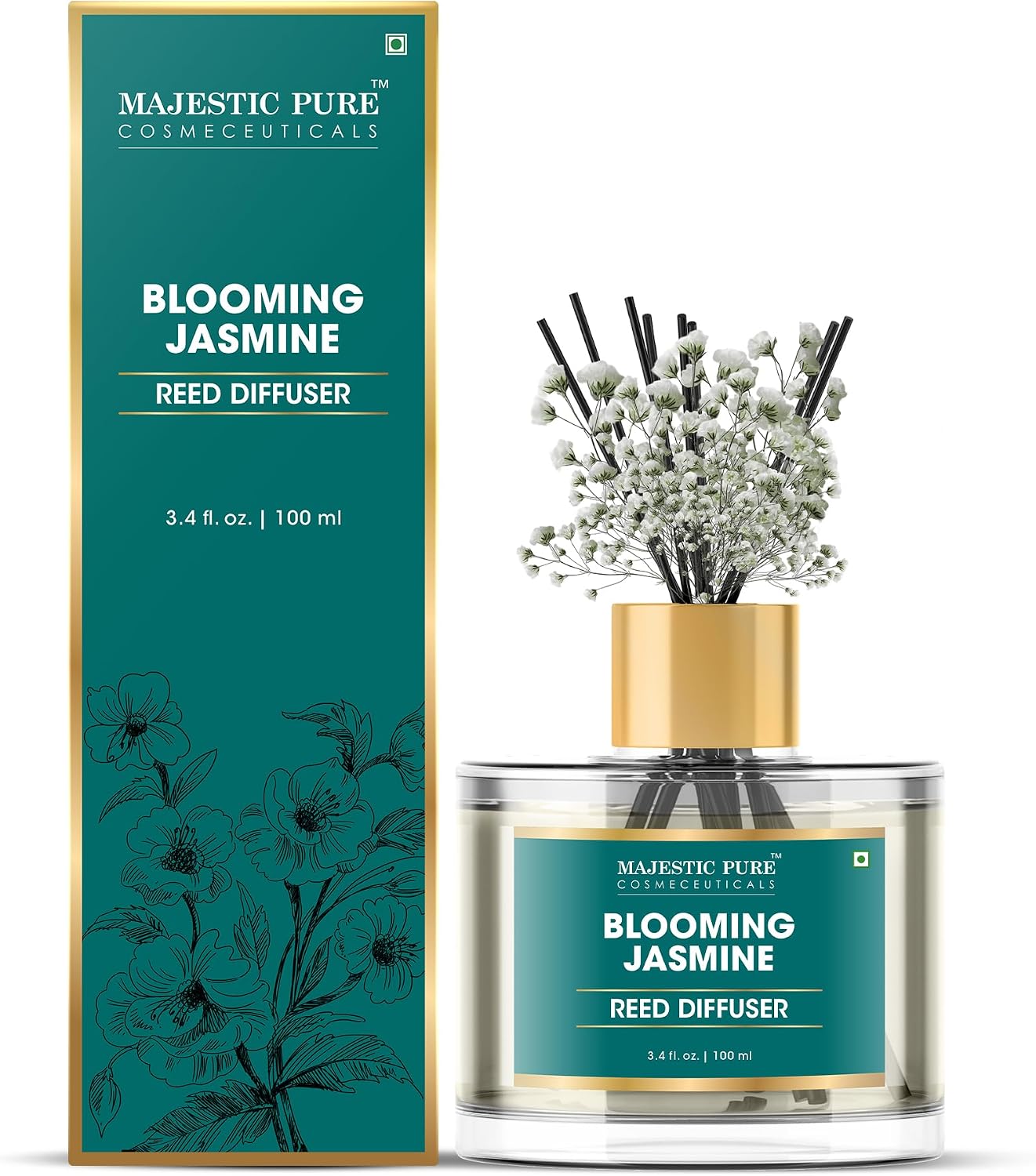 Majestic Pure Blooming Jasmine Reed Diffuser for Home, Bathroom & Office | Natural Aromatherapy Air Freshener & Room Fragrance, with Reed Sticks & Dried Flowers 3.4 fl oz