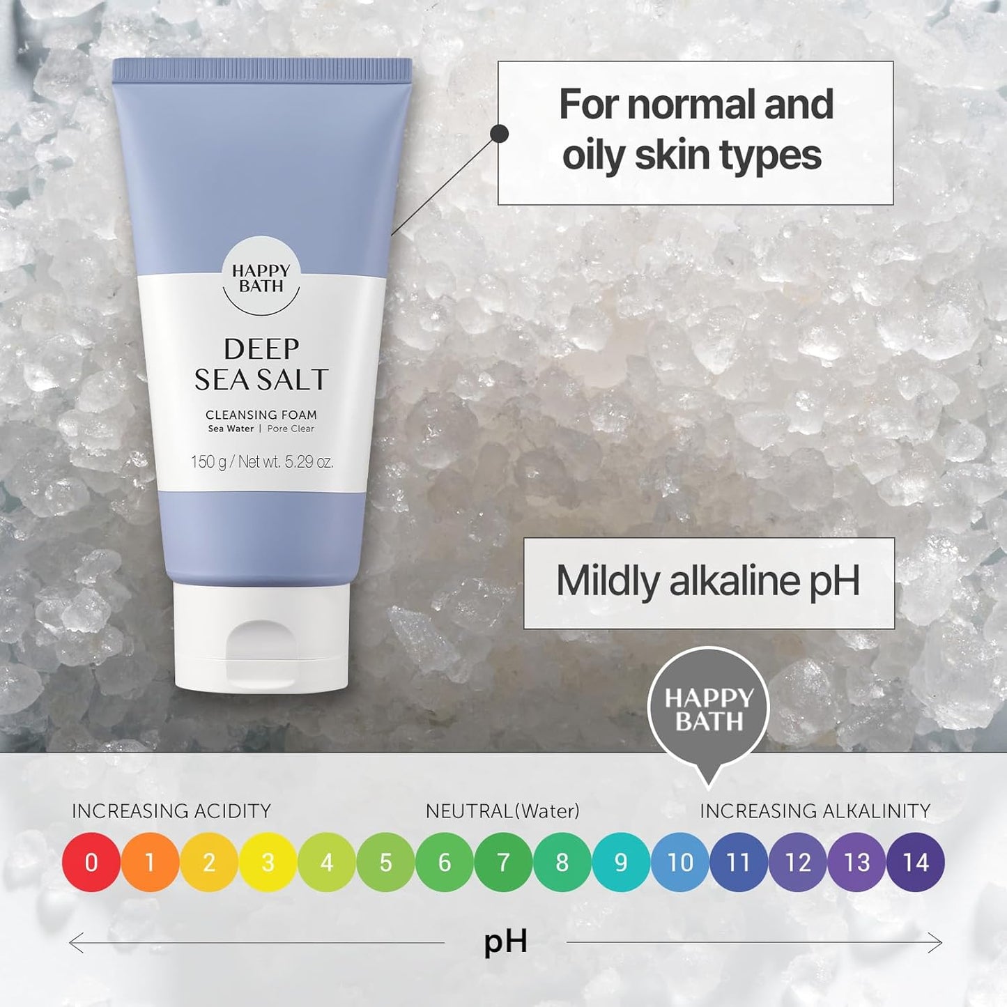 HAPPY BATH Deep Sea Salt Facial Cleanser, Exfoliating Face wash with Cellulose beads, Combination to Oily Skin, Korean Foaming Face Cleanser, Gentle Formula for Daily Use, 5.29 Fl Oz.