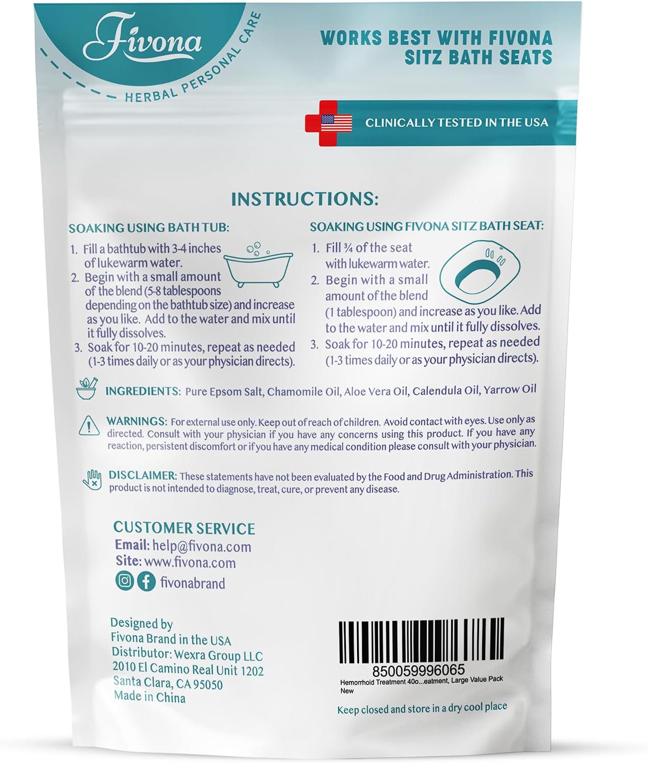 Hemorrhoid Treatment 40oz, Fivona Sitz Bath Salts, Postpartum Soaking Blend Epsom Salt with All Natural Oils for Self Care, Bartholin Cyst Treatment, Large Value Pack