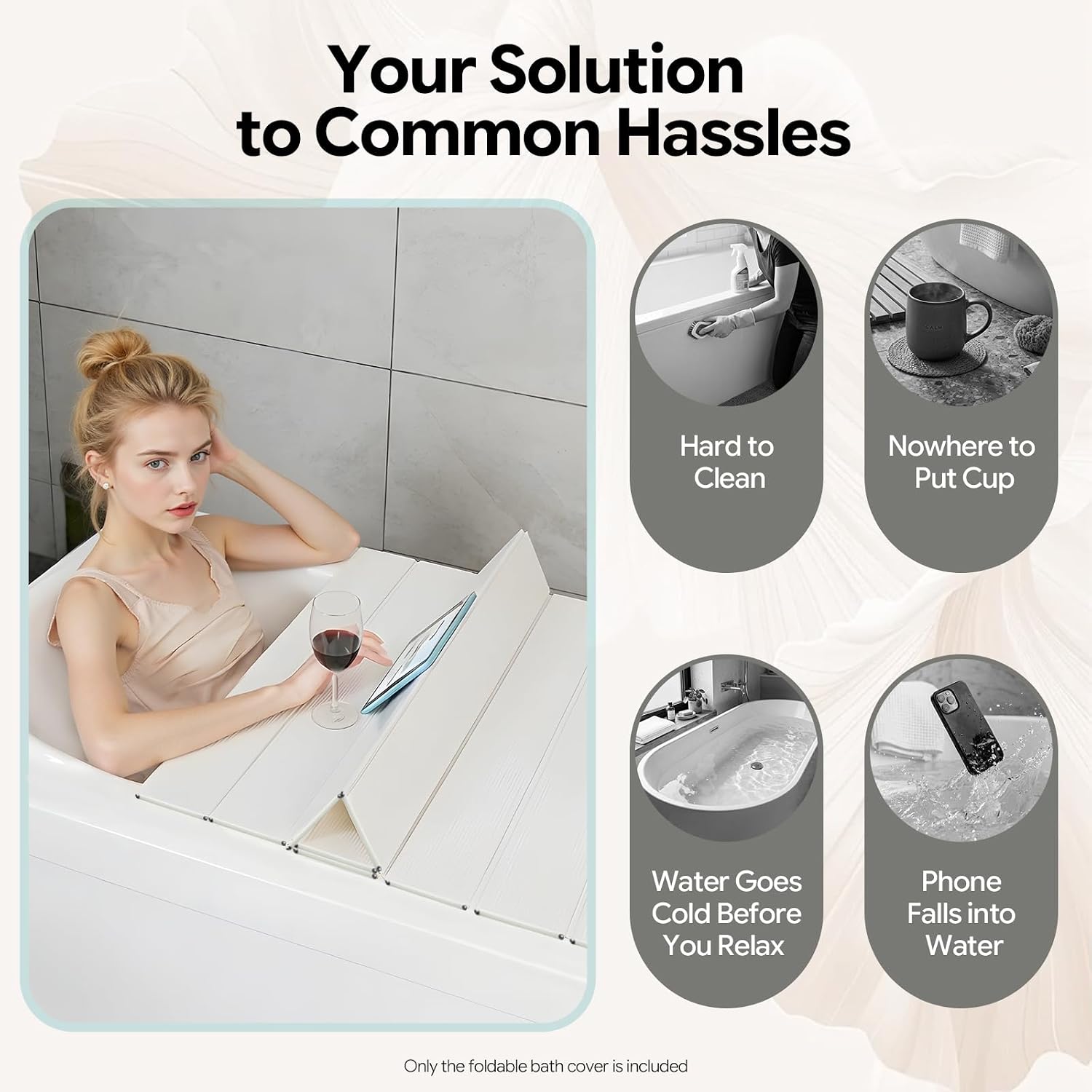 Foldable Bathtub Cover, Waterproof PVC Insulated Bathtub Tray & Bath Lid, Dust Proof Bathtub Board for Heat Retention, Fit Most Standard Tubs for Bathroom Shower Spa Experience (White, 63x31in)