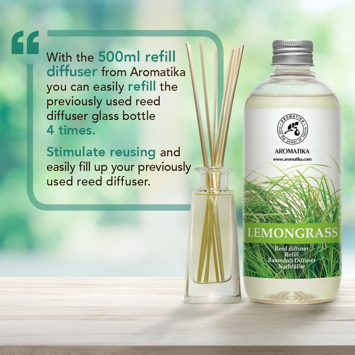 Lemongrass Diffuser Refill 68 Fl Oz (4x17Fl Oz) - Fresh & Long Lasting Fragrance - Refill Bottle with Natural Essential Lemongrass Oil - Best for Aromatherapy - Reed Diffuser Oil Refill for Home