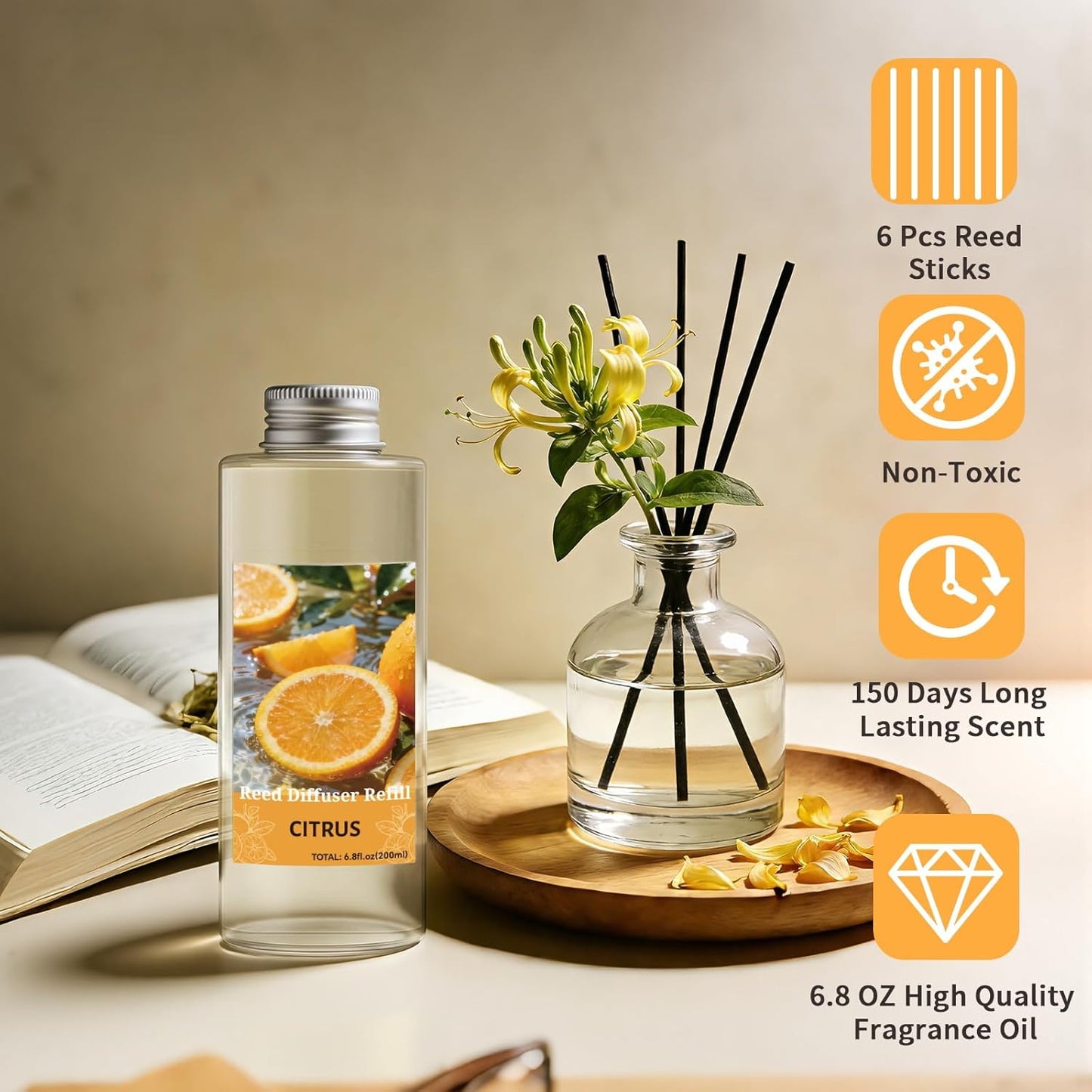 STRN Reed Diffuser Oil Refill, Citrus Scented Diffuser Oil Refills with 6 Reed Sticks 200ML(6.8fl.oz), Room Fresheners for Home, Long-Lasting Summer Fragrance for Living Room, Bedroom, Office