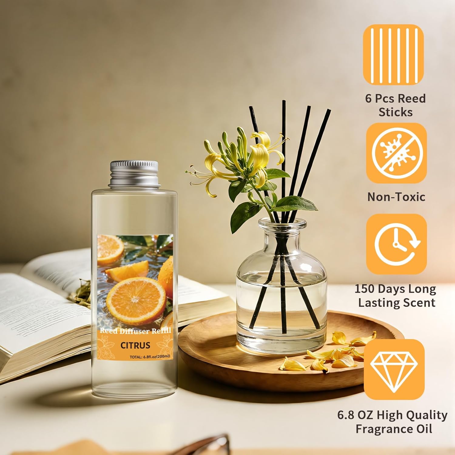 STRN Reed Diffuser Oil Refill, Citrus Scented Diffuser Oil Refills with 6 Reed Sticks 200ML(6.8fl.oz), Room Fresheners for Home, Long-Lasting Summer Fragrance for Living Room, Bedroom, Office