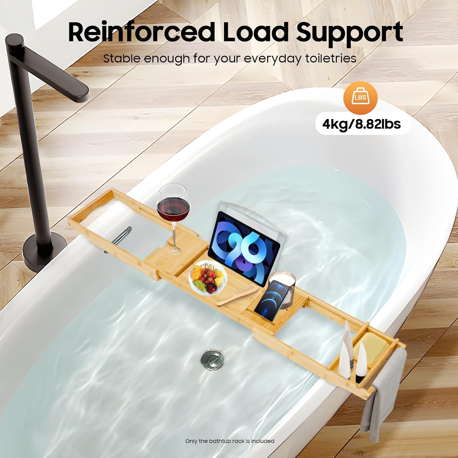 Bamboo Bath Tray, Table Bathroom Tub Shelf Bath Desk Movable Pad Tablet Holder Over Tub Shelf Length Adjustable Natural Wood Bath Tub Organizer Placed Book Smartphone
