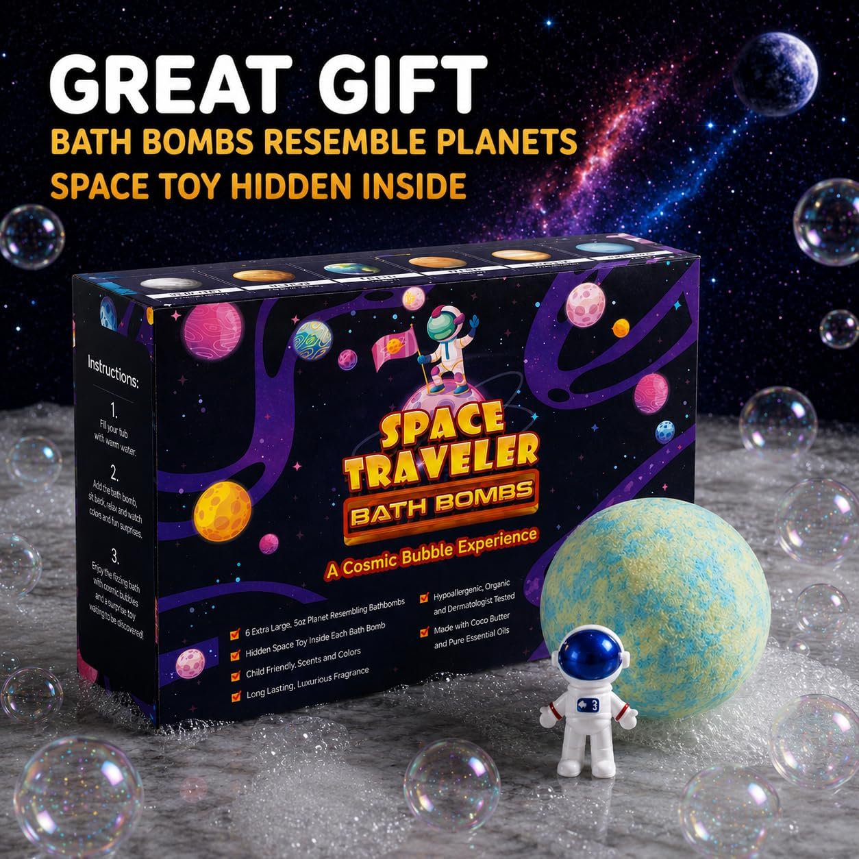 EvolutionUSA 6 Space Bath Bombs for Boys & Girls - Planet Bath Bombs Toy Inside, Organic Childrens Bathbomb Set, Cosmic Bath Fizzers, Kid Bath Bomb Gift for Valentines, Birthday, Christmas, Easter