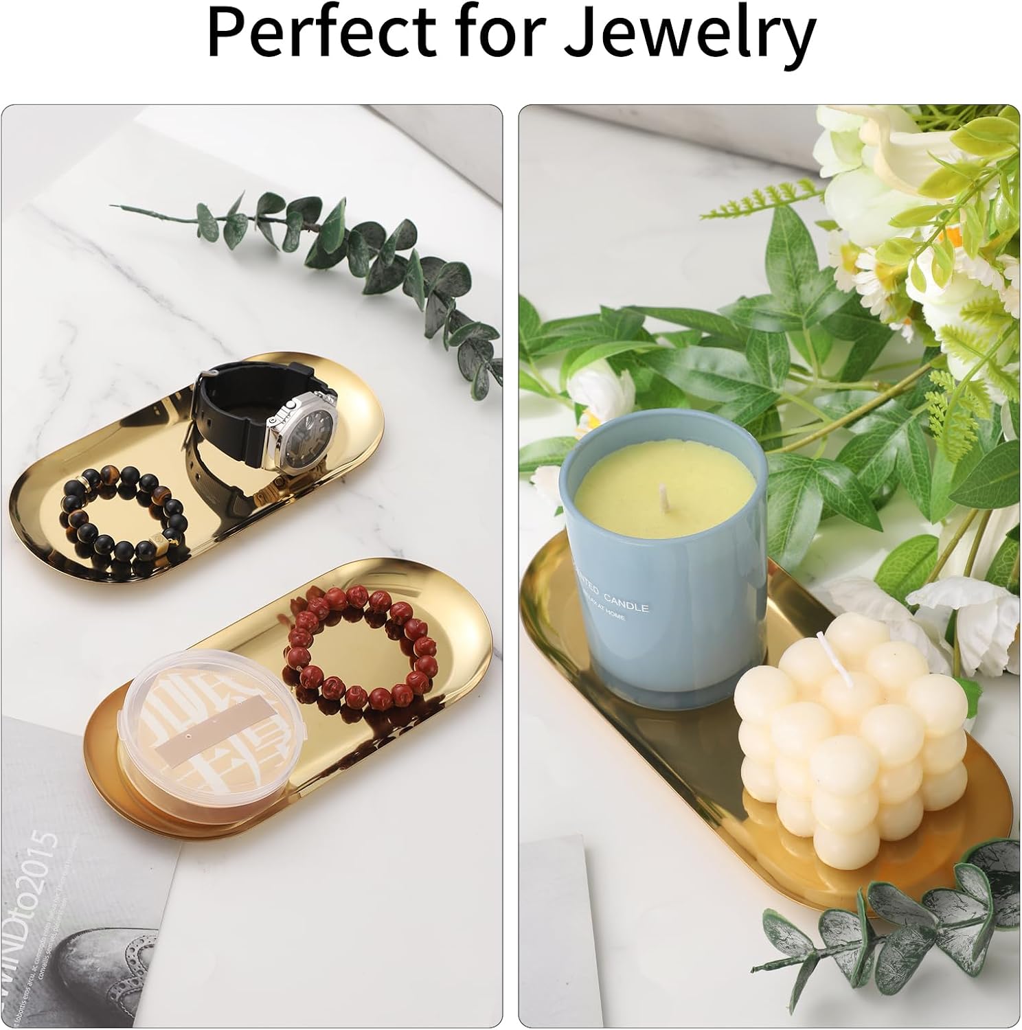 2Pack Gold Decorative Trays Bathroom Vanity Tray for Dresser Counter, Stainless Steel Jewelry Dish Cosmetics Organizer, Perfume Ring Key Candle Organizer Tray, Oval, Gold