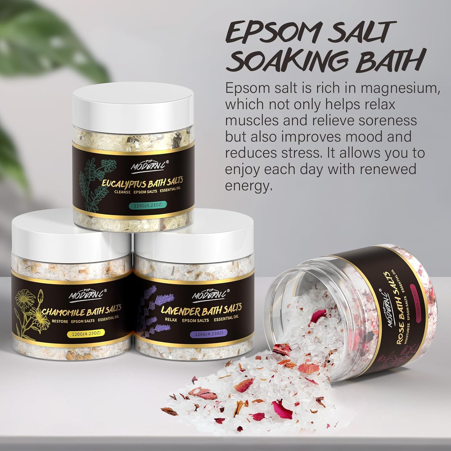 Epsom Bath Salts Gift Set for Soaking 4pcs Bath Salts with Essential Oils for Women Relaxing Lavender Eucalyptus Rose Chamomile Bath Set for Women Luxury Spa Birthday Mother's Day Christmas Gift