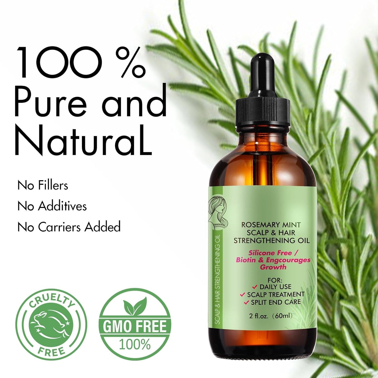 Rosemary Oil for Hair Growth, Rosemary Essential Oil, 100% Pure Natural, Dry Scalp Treatment, Hair Growth Serum for Thicker Longer Fuller Healthier Hair 2.02 fl oz