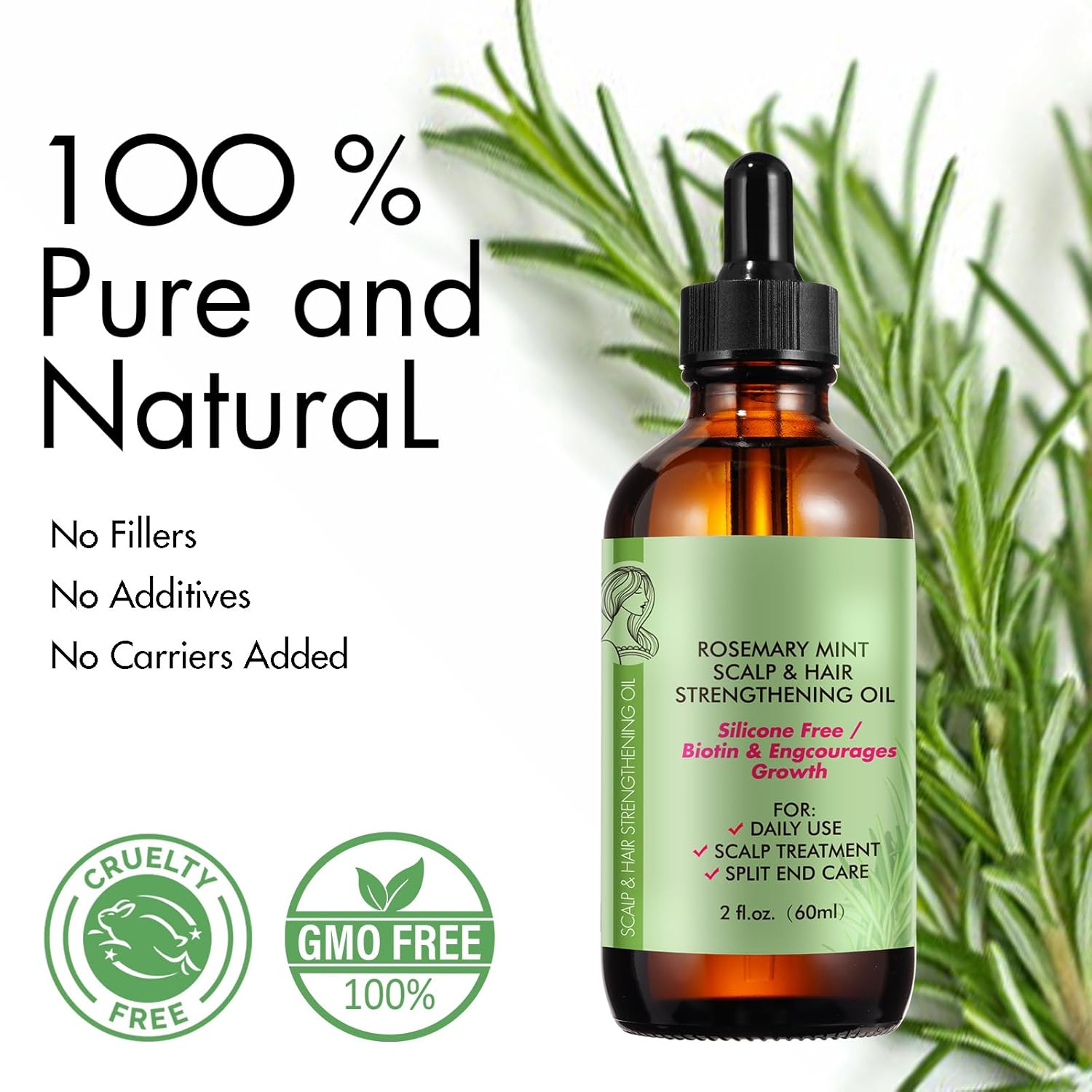Rosemary Oil for Hair Growth, Rosemary Essential Oil, 100% Pure Natural, Dry Scalp Treatment, Hair Growth Serum for Thicker Longer Fuller Healthier Hair 2.02 fl oz