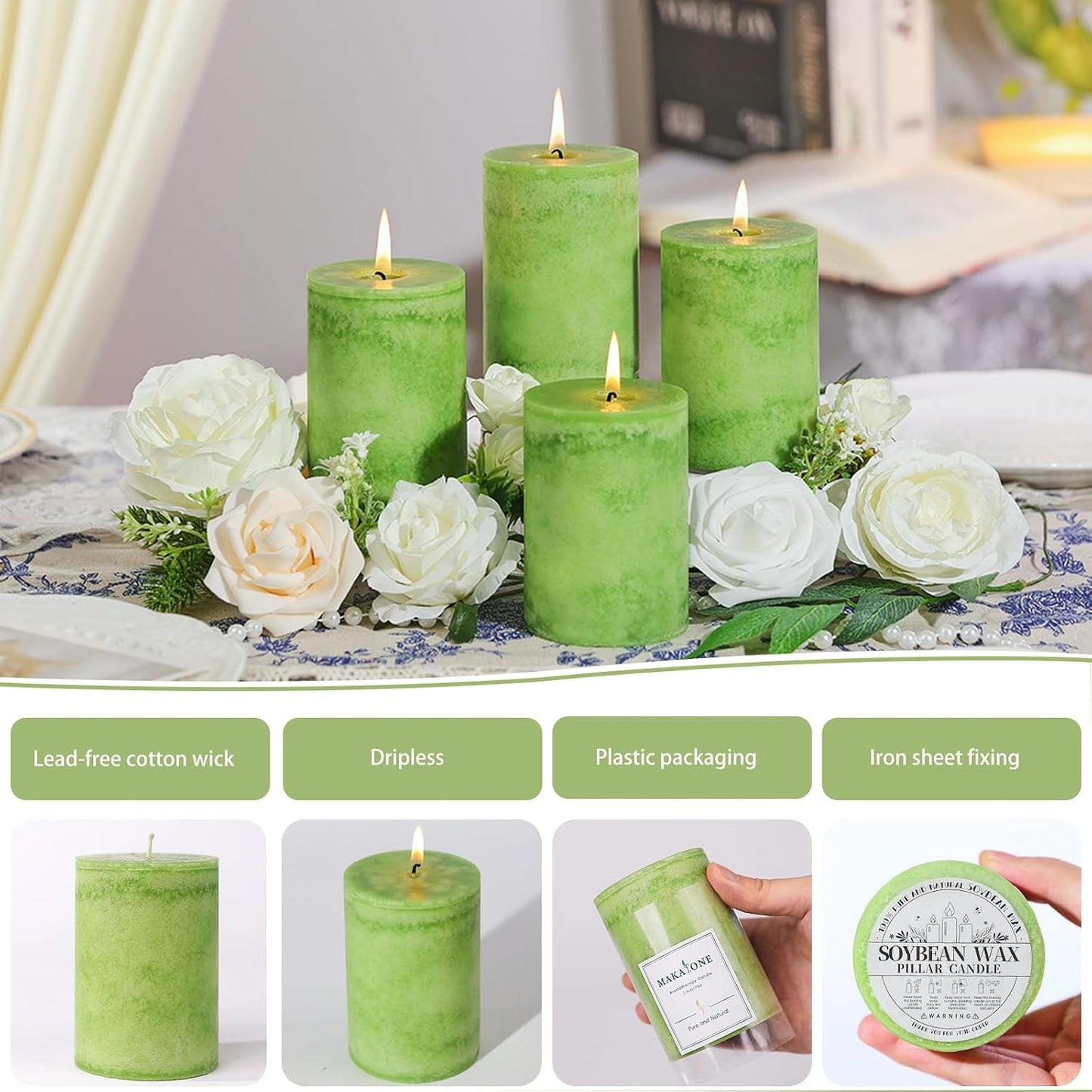 4 Pack Candied Citrus Scented Pillar Candles,Natural Essential Oils,60H Long Burning,Non-Toxic Smokeless Candles for Home Decor,Aromatherapy to Stress & Anxiety Relief,Daily Relaxation(2.8x4in)