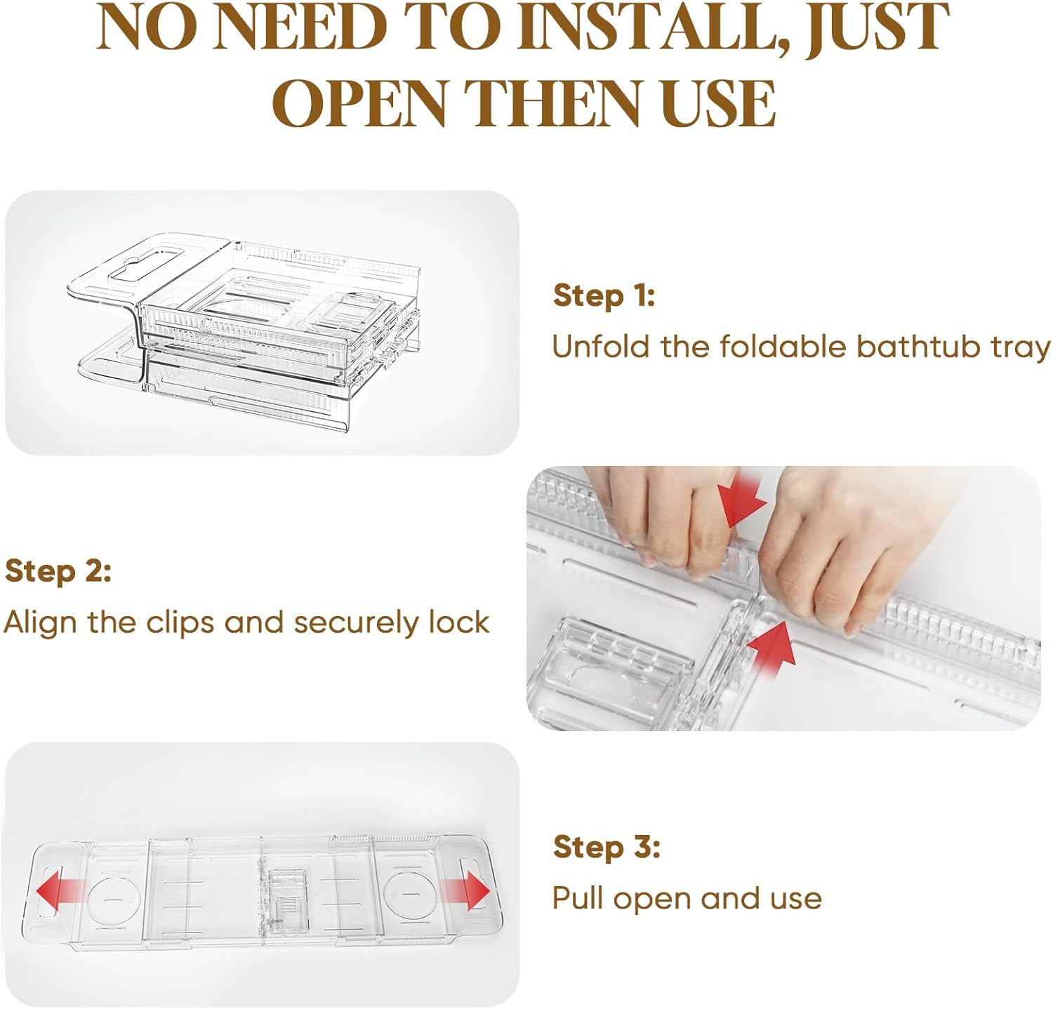 Expandable Clear Acrylic Bathtub Tray Caddy, Foldable Tub Bath Tray with Drain Slots, Slip-Resistant Waterproof Bathroom Shelf Caddy & Home Spa Gift for Women