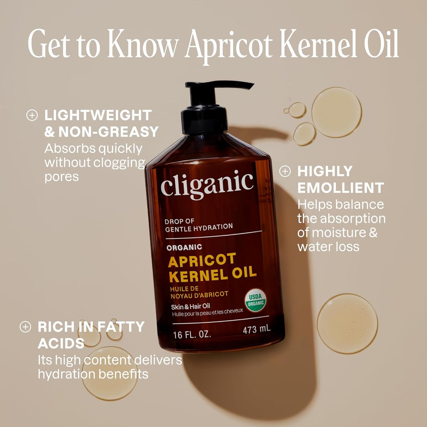 Cliganic Organic Apricot Oil, 100% Pure (16oz) - For Skin, Hair & Face | Natural Cold Pressed Unrefined