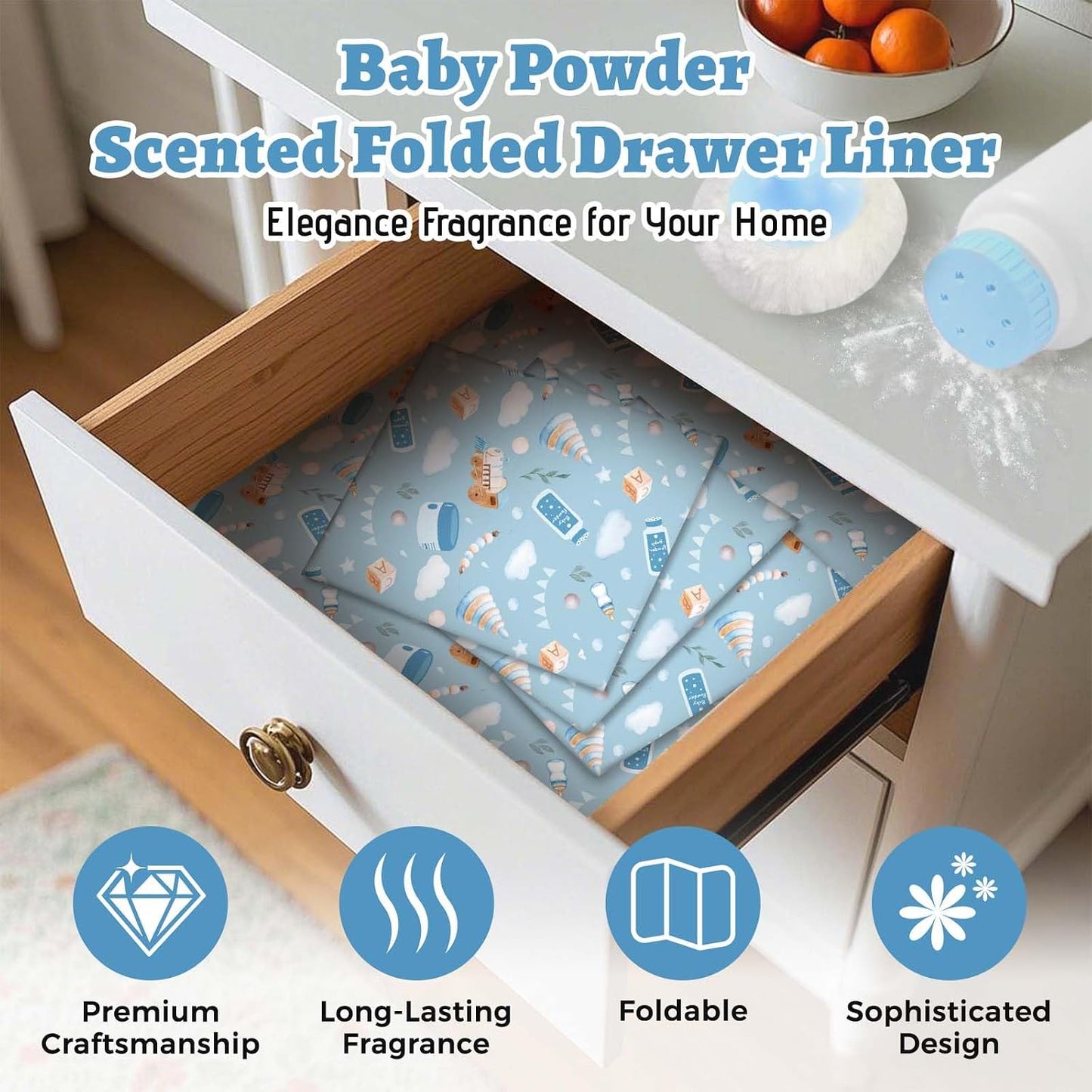 STRN Drawer Liners for Dresser, Baby Powder Scented Fragrant Drawer Liner 6 Sheets, Non-Adhesive Drawer Paper Liner for Bedroom Shelf Closet, Shoe Chest