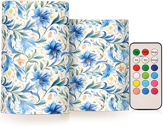 ALAZA Flowers Floral Blue Flickering Flameless Candles Battery Operated with Remote Timer,Tea Light Candles LED Pillar Votive Candles Set of 2 for Outdoor Indoor Decorations