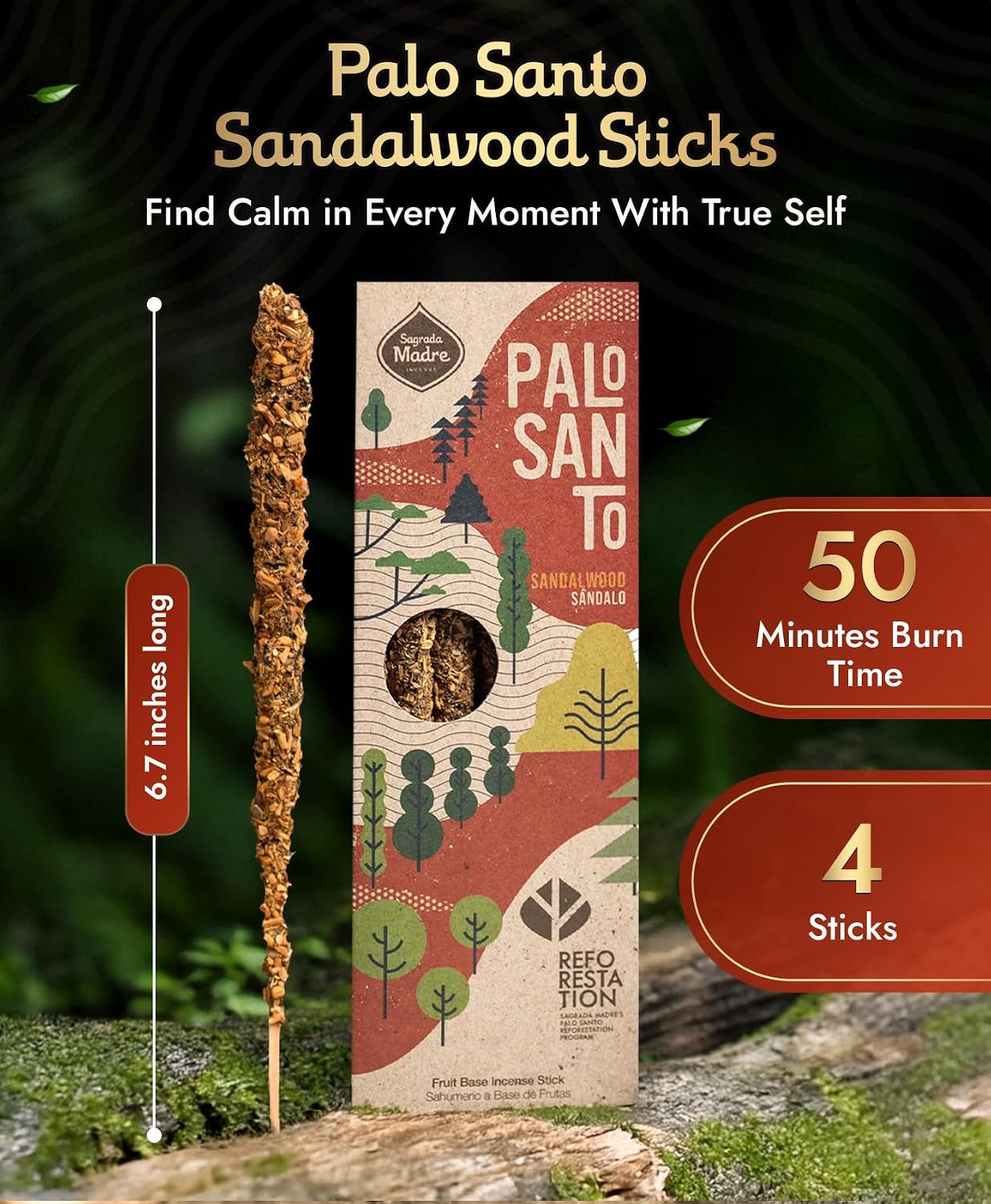 Sagrada Madre 4pcs Wildly Harvested Palo Santo Incense Sticks (Sandalwood), 6.7” Long - Non-Toxic, Aromatic Incense Sticks (50 min Approx. Burning Time) to Heal & Calm Your Body and Environment