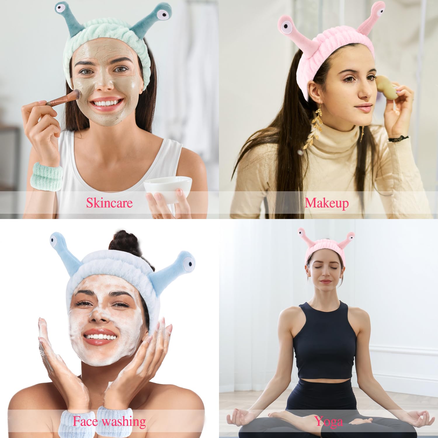 Atoden Snail Spa Headband and Wristband Set, Skincare Makeup Headband for Washing Face Cute Animal Spa Hair Bands for Women Girls Stocking Stuffers (Pink Blue Green)