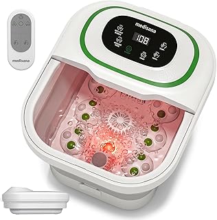 Medisana Collapsible Foot Spa, Foot Bath with Bubble, Heat, Red Light, Massage Rollers, Remote Control, Pedicure Foot Spa with 6 Motorized Rollers & 24 Massage Beads, Foot Soaking Tub for Relaxation