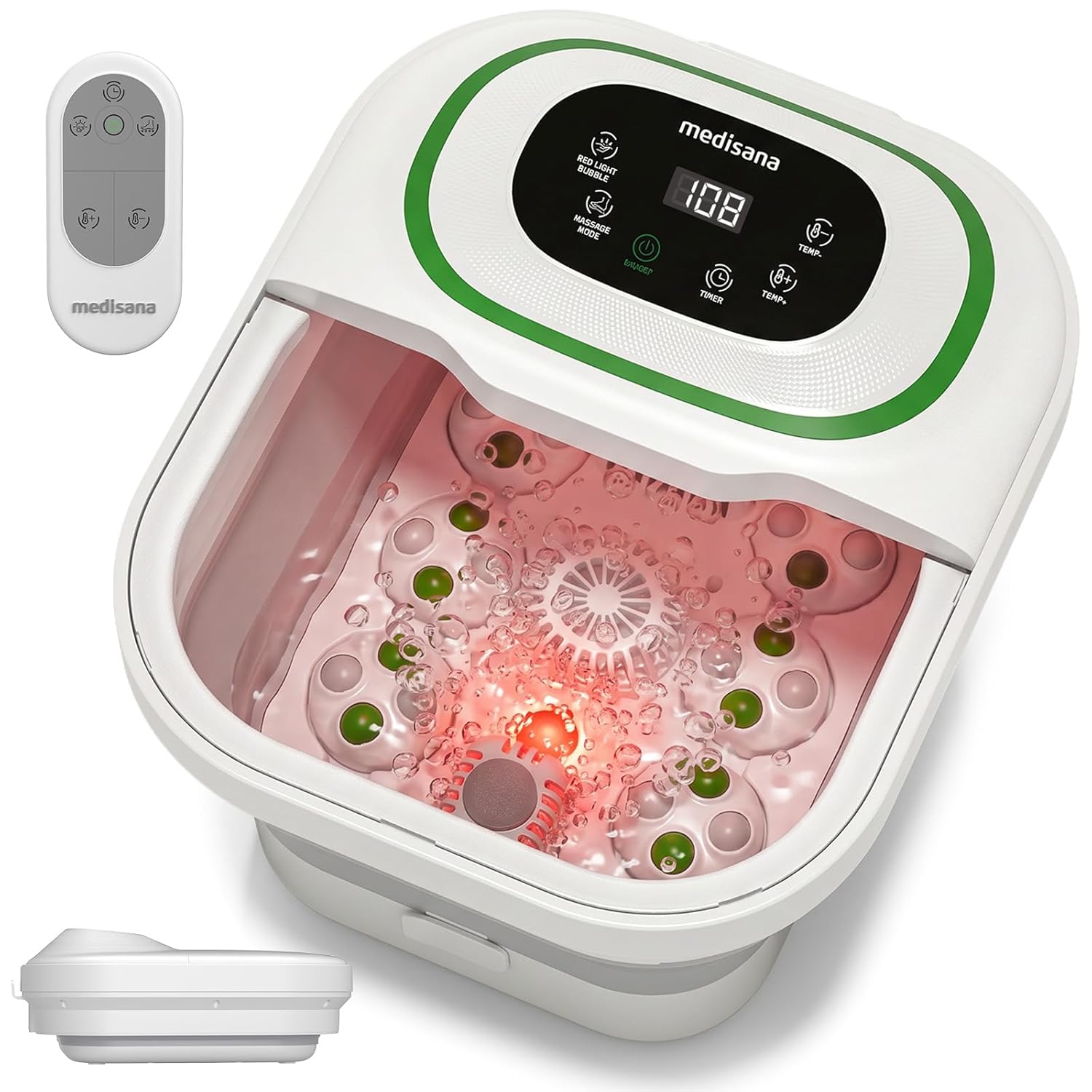 Medisana Collapsible Foot Spa, Foot Bath with Bubble, Heat, Red Light, Massage Rollers, Remote Control, Pedicure Foot Spa with 6 Motorized Rollers & 24 Massage Beads, Foot Soaking Tub for Relaxation