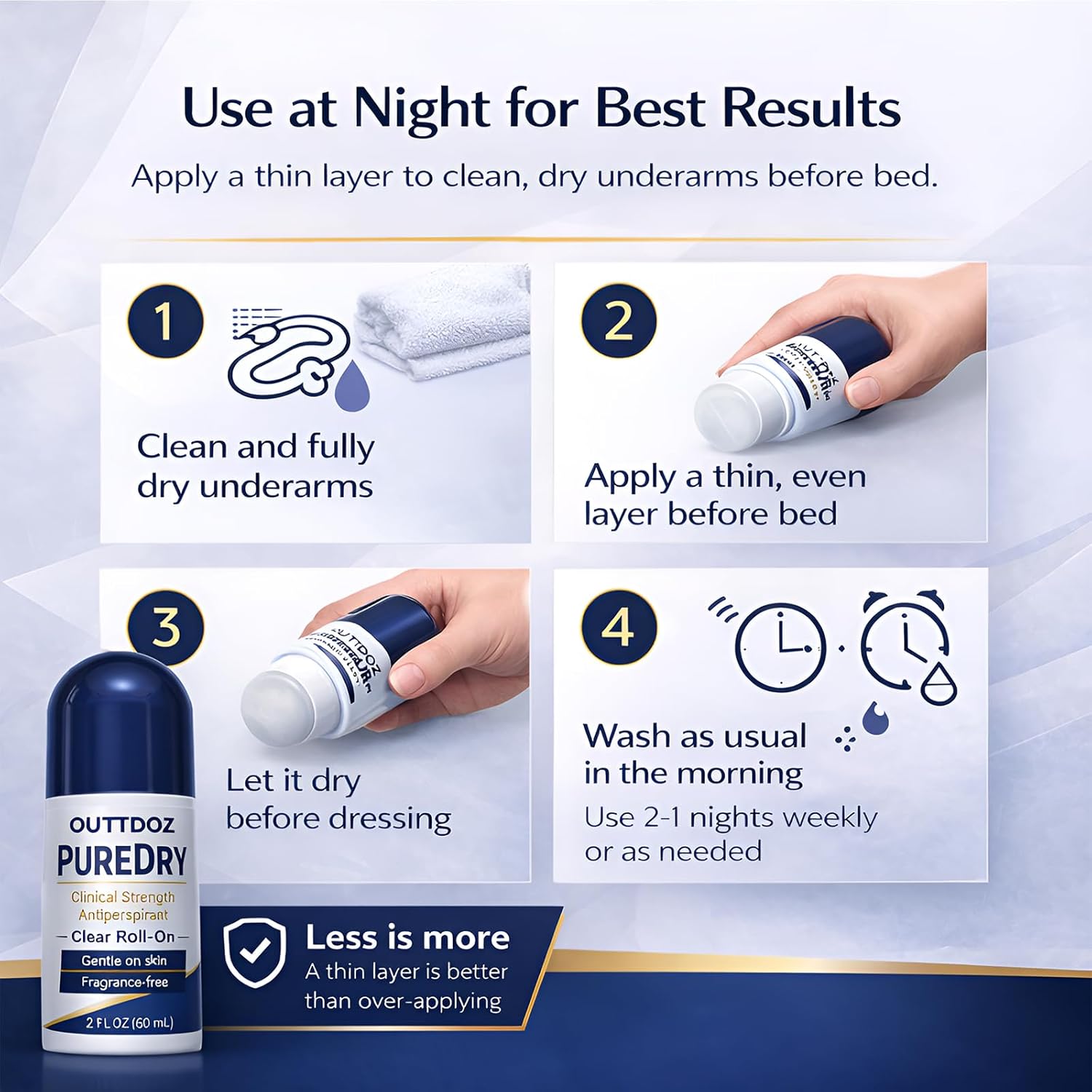 PURE DRY Antiperspirant Roll-On for Underarms, Fragrance-Free Clinical Sweat Control for Men & Women, Clear Nighttime Formula for Sweaty Underarms, Alcohol-Free, 2 fl oz