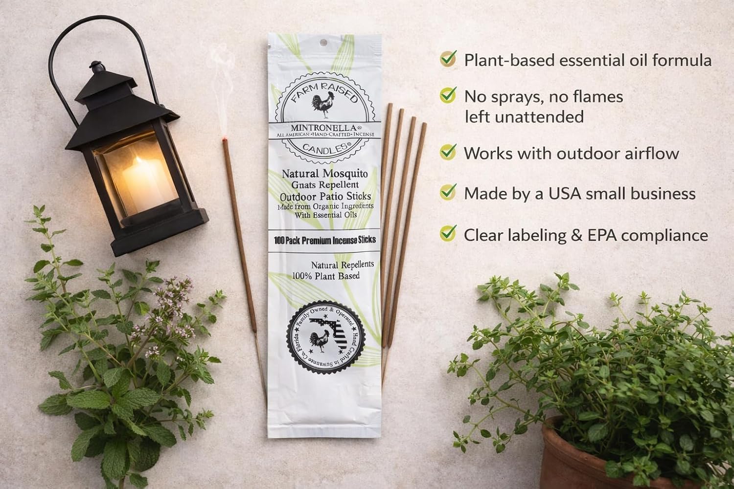 Mintronella USA Made Citronella & Peppermint Mosquito Repellent Incense Sticks – 100 Pack – Natural Bug & Insect Repellent – Outdoor Camping, Patio Decor – No‑See‑Um & Gnats, Fly