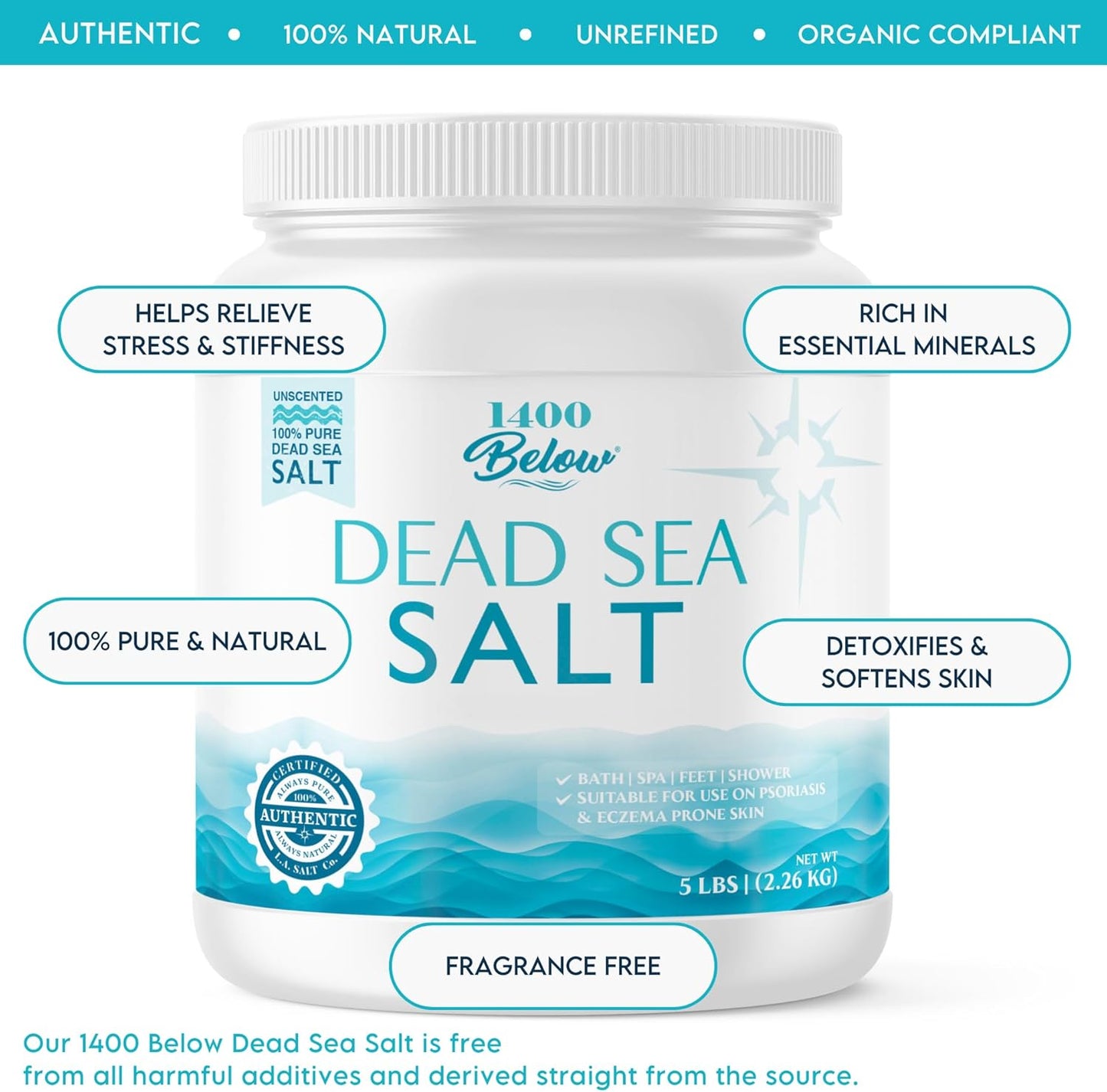 LA SALT CO 1400 Below 5 Lbs Jar Dead Sea Salt, Fine Grain - Foot and Spa Bath Soak, Exfoliating Body Scrub, 100% Pure and Mineral-Rich, Highest Mineral Content – Natural Muscle Tension Relief