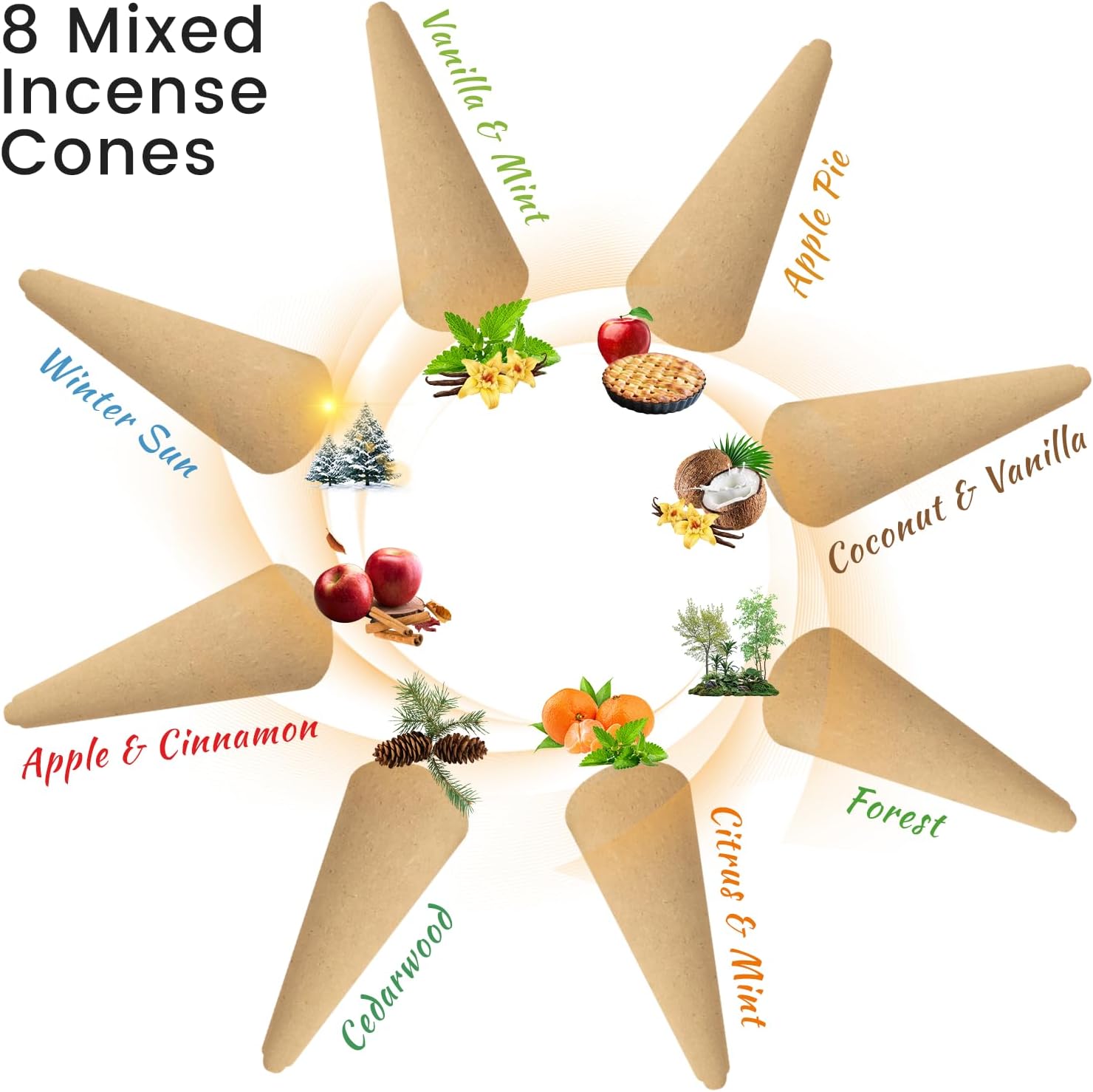 STRN Incense Cones 120 Scented Cones for All Seasons, Assorted Cone Incense Scents with Incense Holder, Vanilla Mint Coconut Cedarwood Apple Pie Forest Citrus Cinnamon