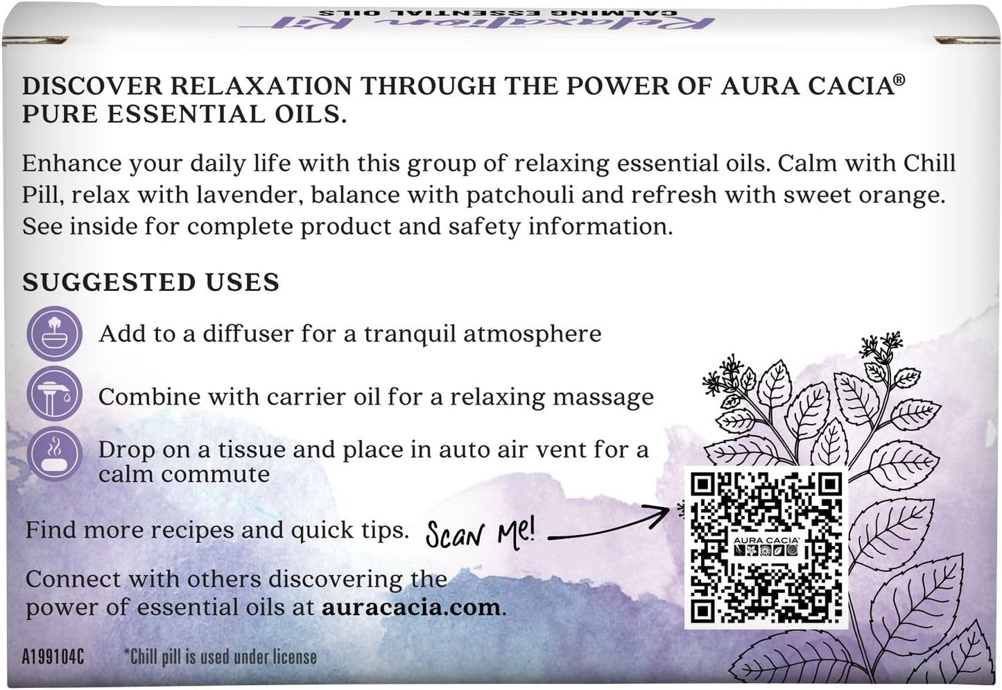 Aura Cacia Essential Oil Relaxation Kit, 4-Pack, Lavender, Patchouli, Sweet Orange, Chill Pill