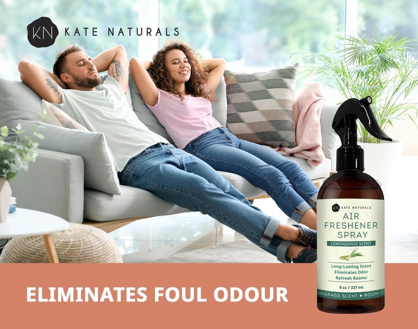 Kate Naturals Air Freshener Spray for Home. Lemongrass Essential Oil Odor Eliminator Room Freshener Spray for Pillows, Bedding, Linen (8 fl oz, Pet Safe, Non-Toxic)