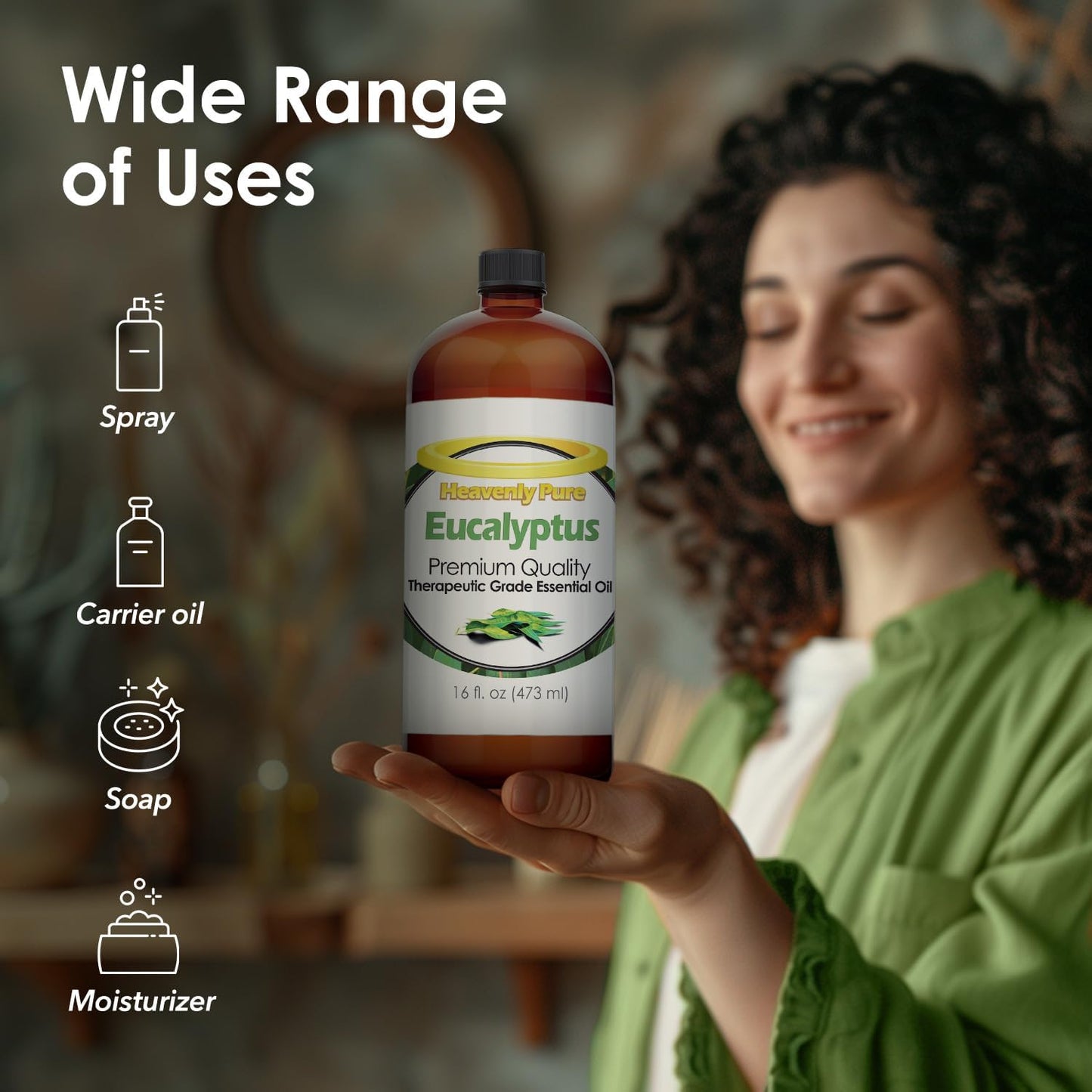 Heavenly Pure - Eucalyptus Essential Oil 16 oz Large Bottle for Spray, Diffuser, Humidifier - 473 ml