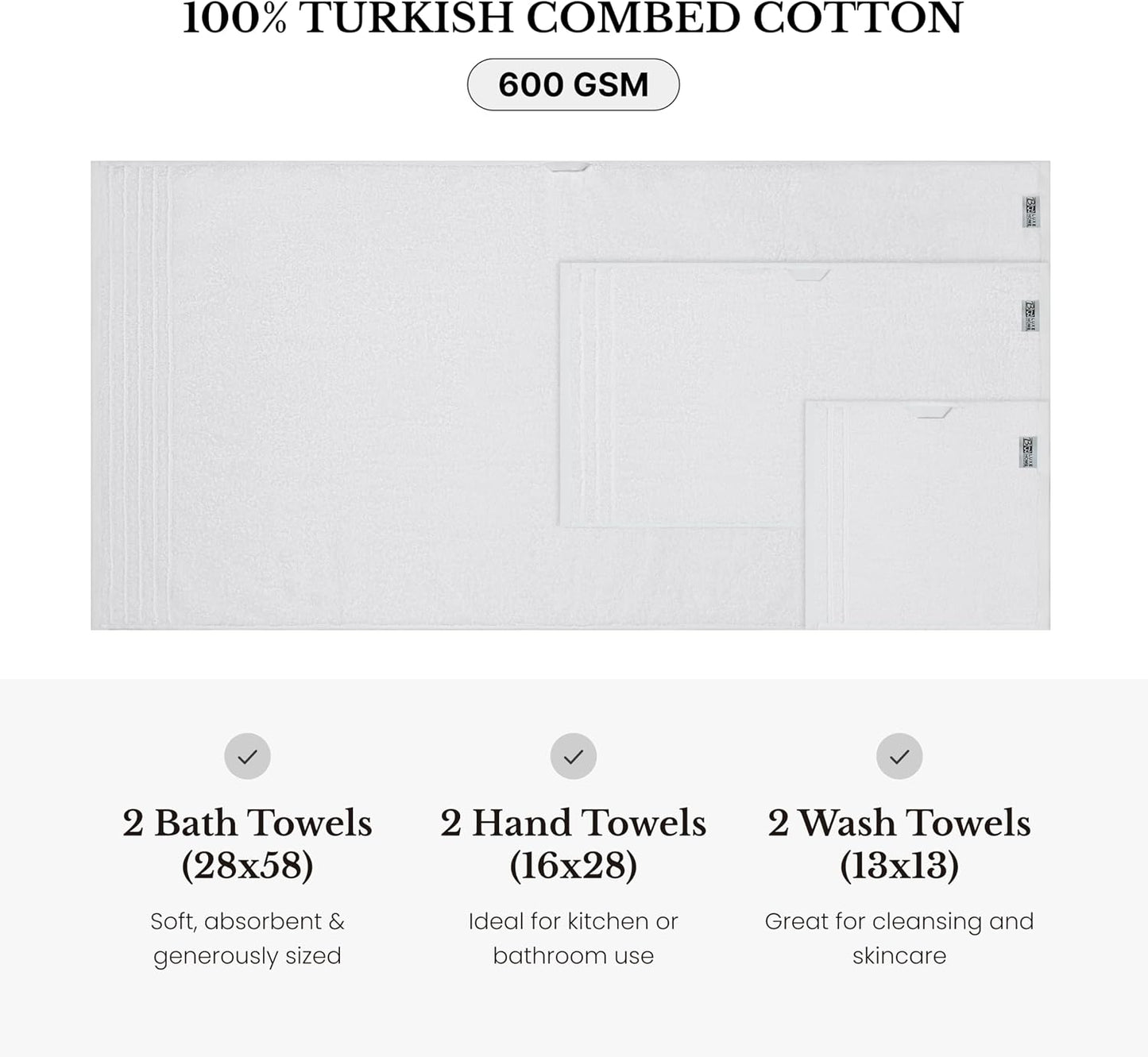 BW Luxe Home - 100% Soft Turkish Cotton 6 Piece White Towel Set (2 Bath, 2 Hand, 2 Wash). 600 GSM, Combed Natural Yarn for Fast Drying & Excellent Absorption. Hotel & Spa Luxury Quality.