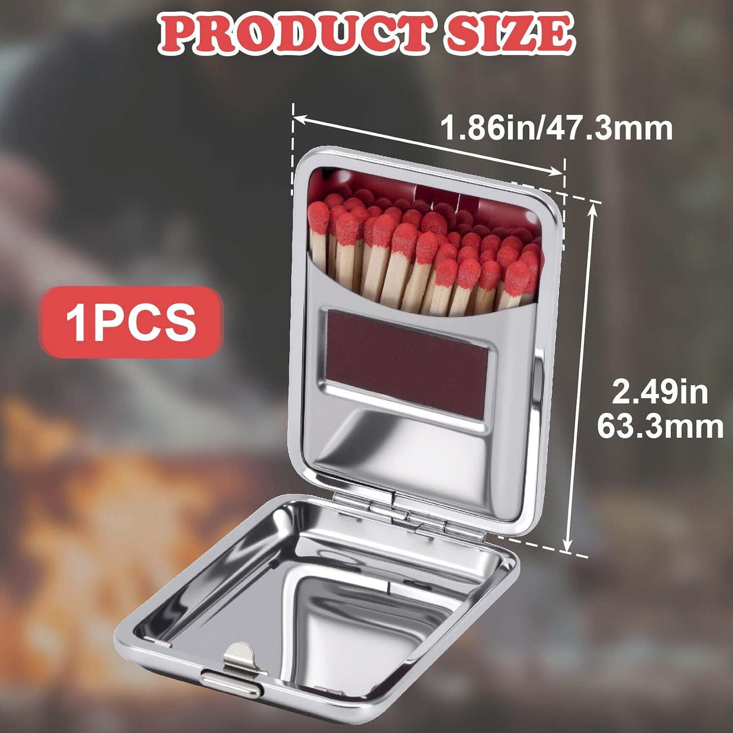 Metal Match Box Case, Portable Matchstick Holder Case with Friction Plate, Reusable Waterproof Stainless Steel Fire Starter with One Button for Outdoor Camping Fireplace - 1 PC, Black
