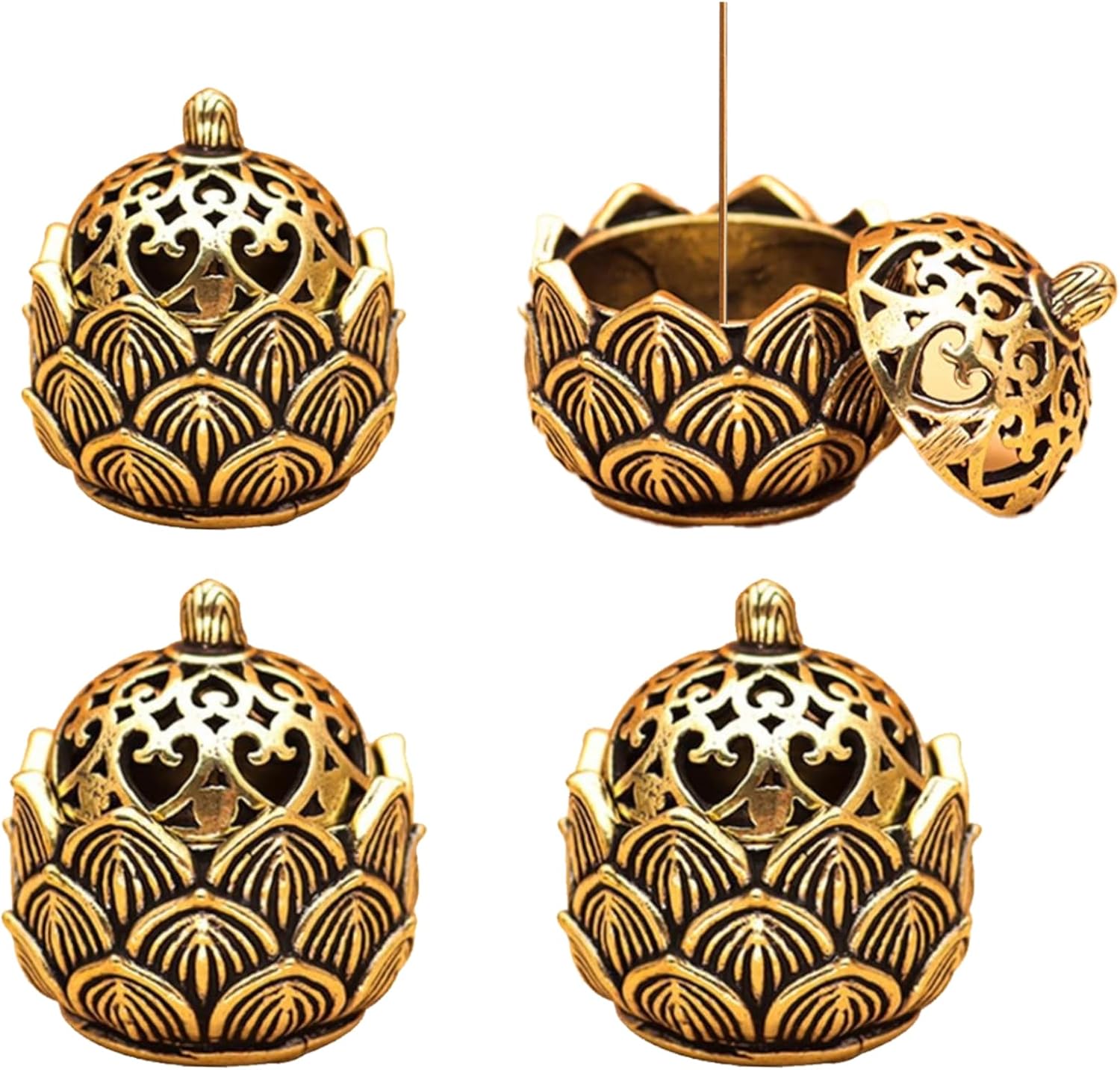 4 Pack Incense Cone Holder Small Cute Lotus Metal Incense Cone Holder Burner Brass Dhoop Items Decor with Incense Sticks Holders for Home Worship Decoration