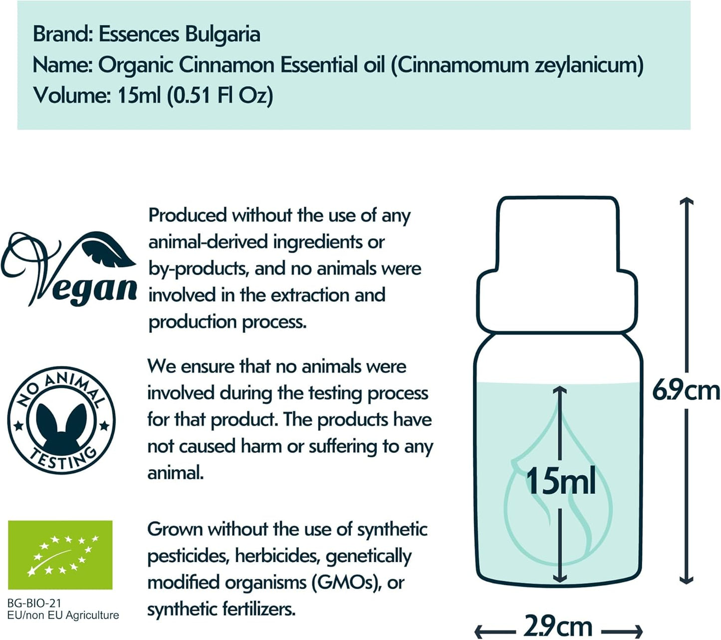 Essences Bulgaria Organic Ceylon Cinnamon Essential Oil 0.51 Fl Oz 15ml Cinnamomum Zeylanicum - 100% Pure and Natural Undiluted Therapeutic Grade Aromatherapy for Diffusers Home Humidifier