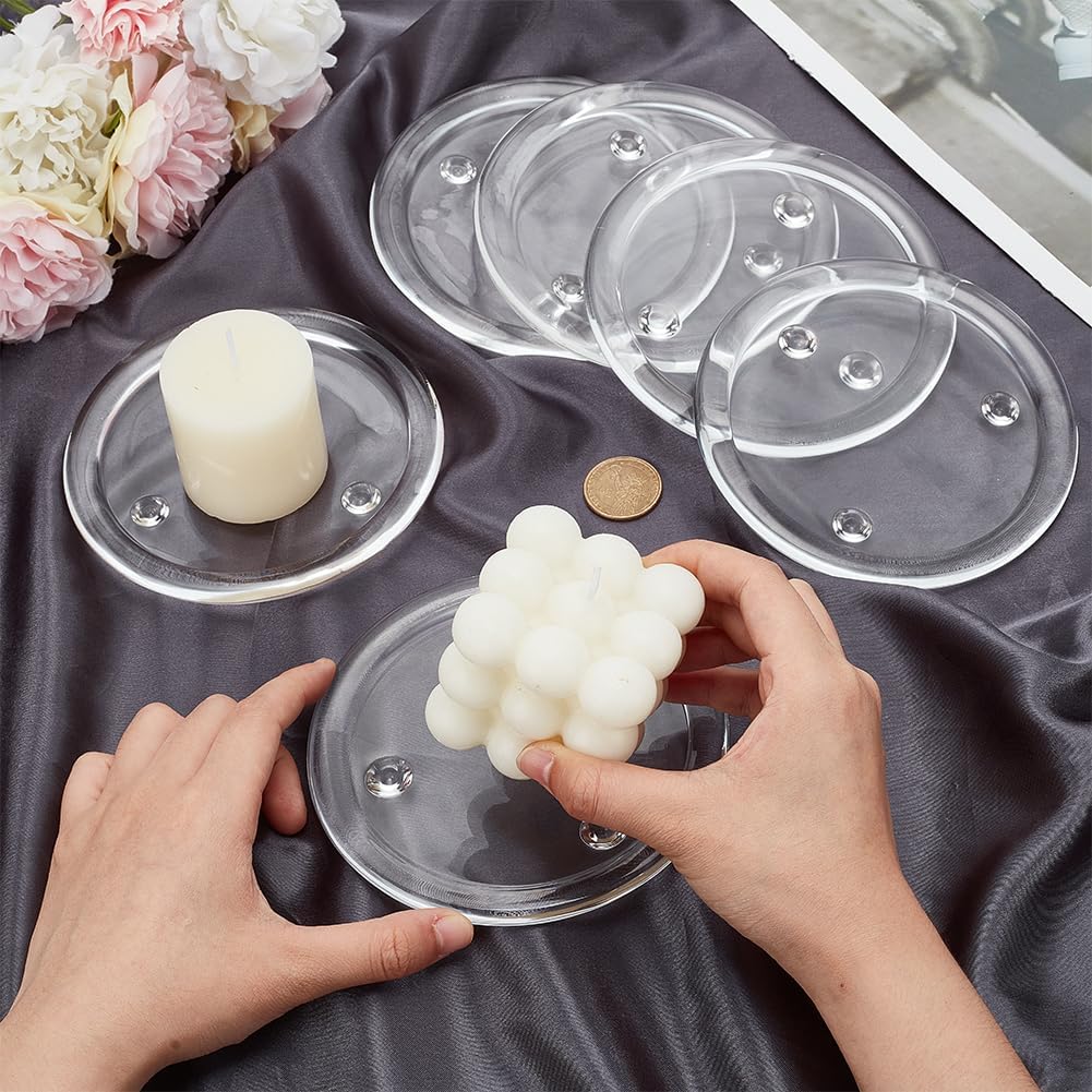 BENECREAT 6Pcs Clear Glass Candle Plates, 5.1 inch Flat Round Glass Candle Holders Tray Plates Holder for Candle Decoration, Dinning Wedding Party Table Centerpiece