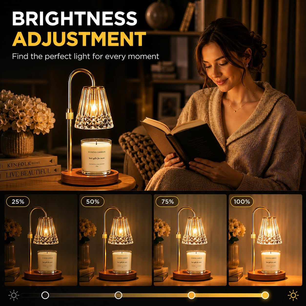 TATAANTY Candle Warmer Lamp with Timer and Dimmer, 4 Brightness Levels, Wooden Base, Mothers Day Gifts, Birthday Gift for Women, Golden, Home Decor Suitable for Bedroom, Offices, Living Rooms