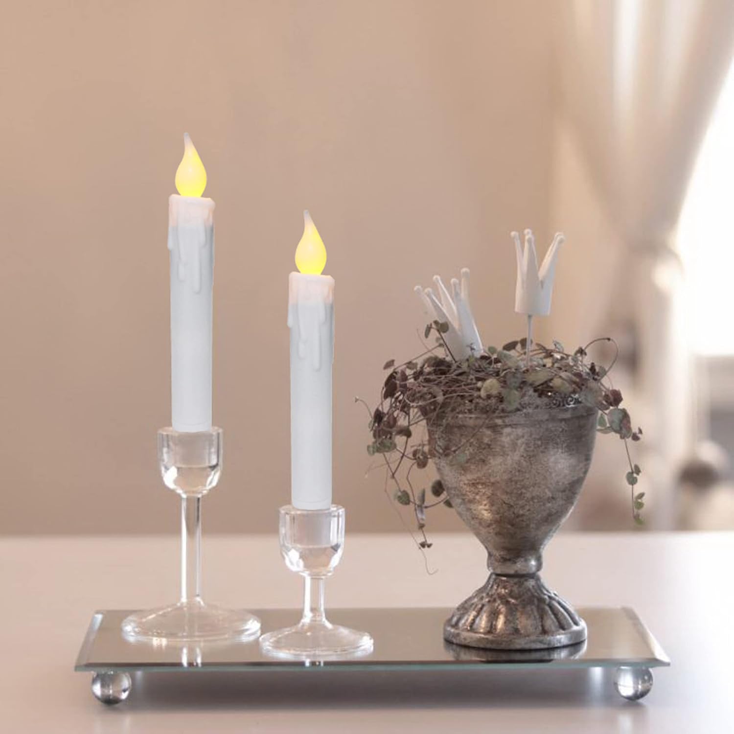 CVHOMEDECO. Flickering Taper Candles LED Drip Flameless Candles, Battery Operated with Timer, White, 6-3/4 Inch, Set of 2