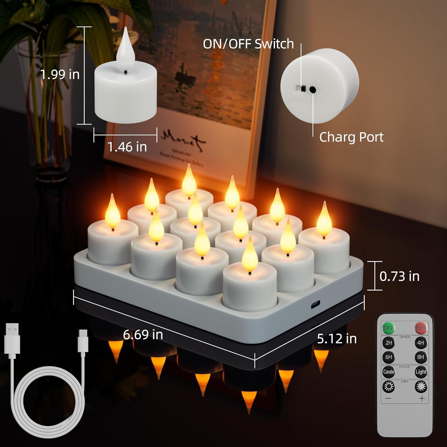 Rechargeable Flameless Tea Lights Candles: 12Pcs Battery Operated Tea light Candles with Remote Timer & Charging Base LED Flickering Votive Tealight Candles for Christmas Halloween Wedding Decor