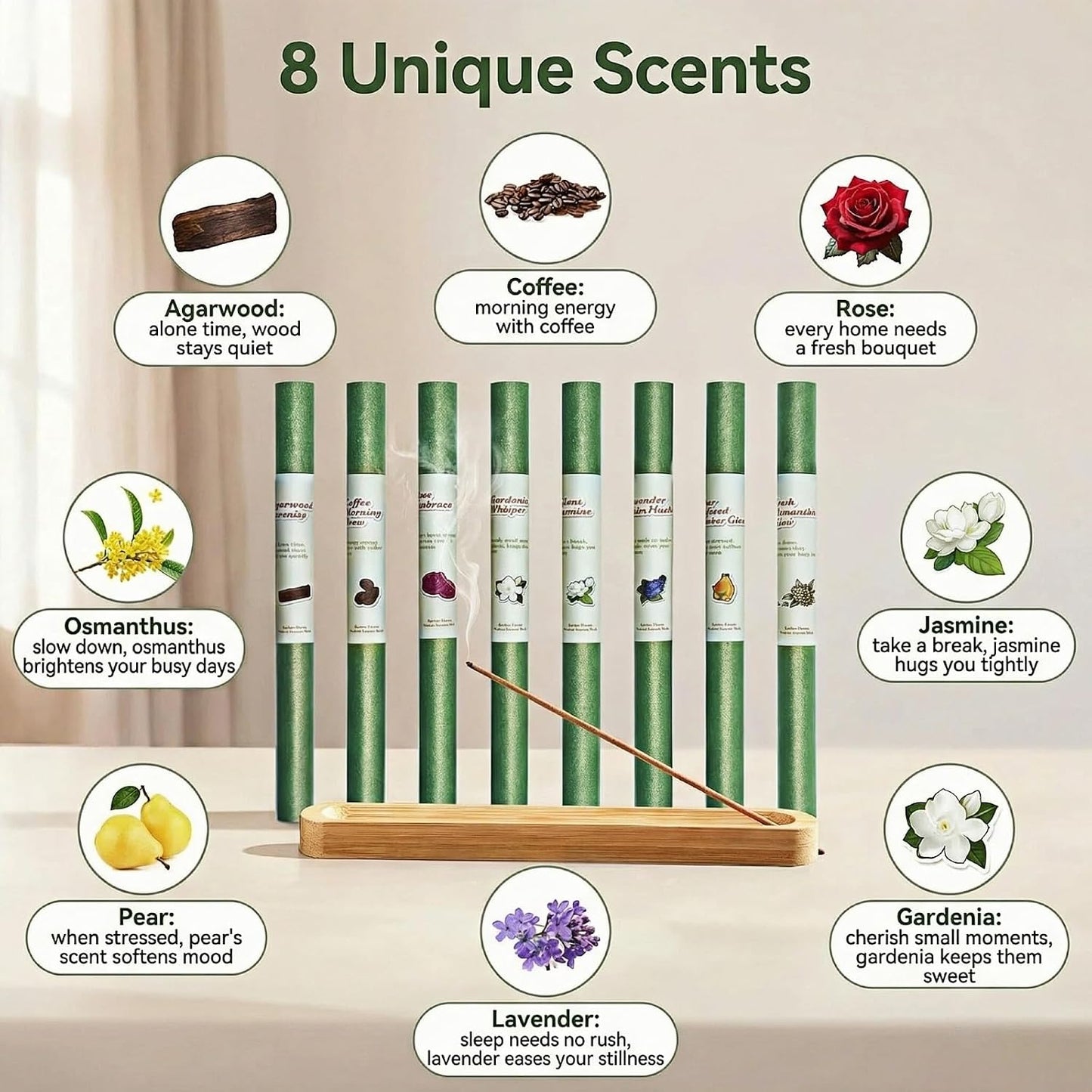 8 Scents Incense Sticks Variety Pack - 200 Bulk Sticks, Sandalwood Floral & More, 7.87 Inch Long Lasting Natural Aromatherapy Incense for Meditation Yoga Home Fragrance