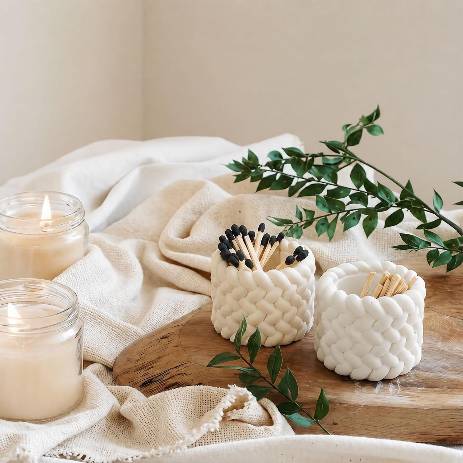 Concrete Match Holder with Striker Set of 2-Elegant Decorative Match in Jar-for Cute/Fancy/Mini Candle Matches,Refresh Any Modern Home Decor with Premium Jar Set 2（No Matches）