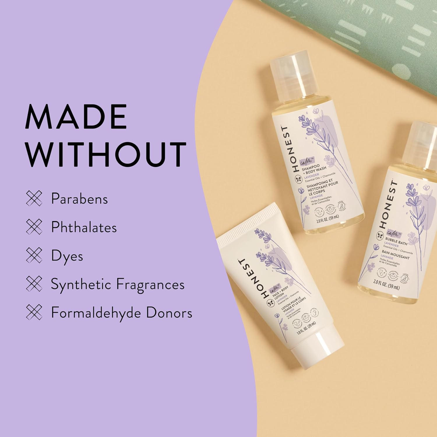The Honest Company Babe's Mini Must Haves Gift Set Travel Size Hypoallergenic Lavender Bathtime Essentials Shampoo Body Wash (2 fl oz) Face Lotion (1 Bubble Bath