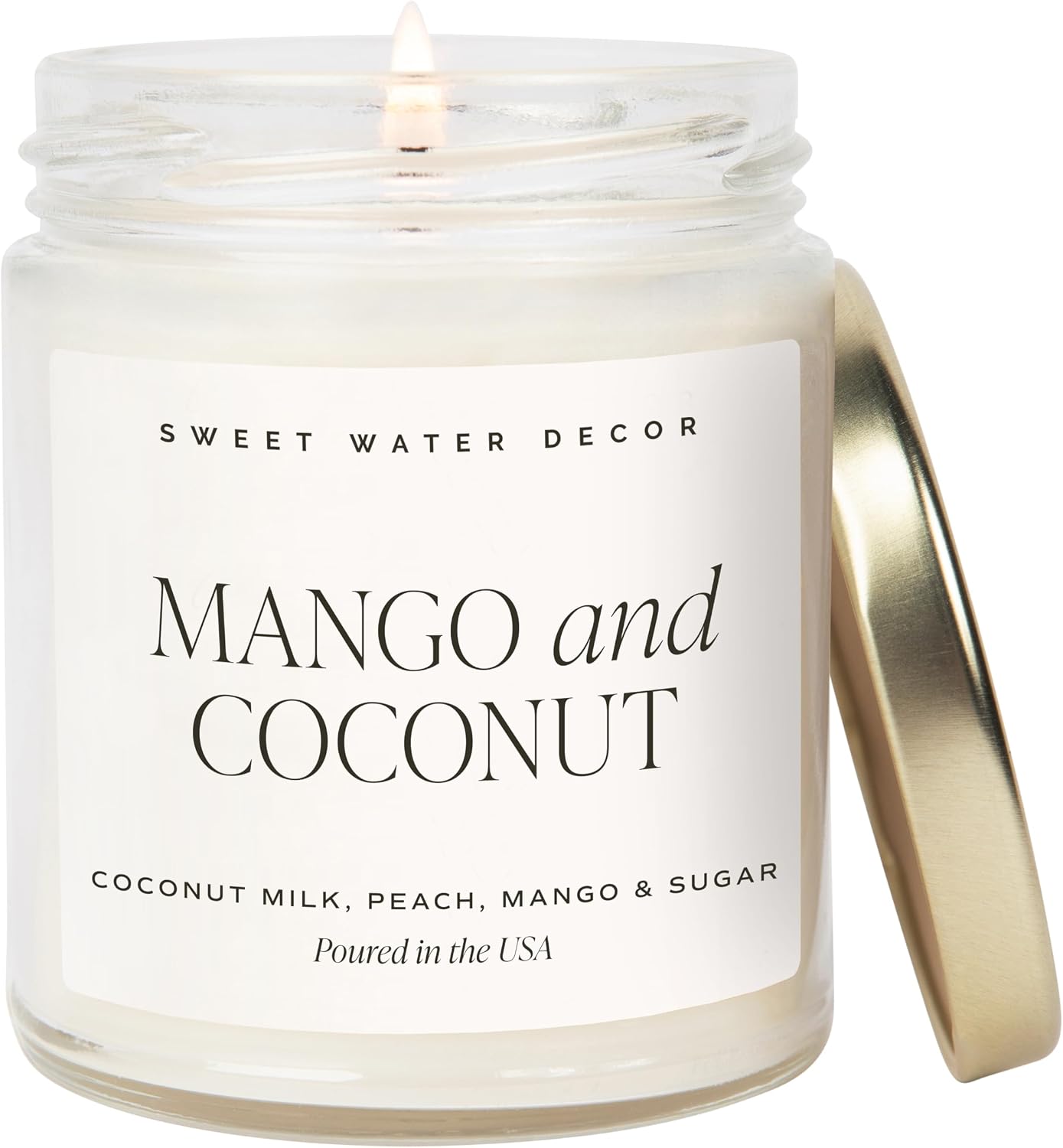 Sweet Water Decor Mango & Coconut Soy Candle - Pineapple, Mango and Orange Scented Summer Candles for Home - 9oz Clear Jar + Gold Lid, 40+ Hour Burn Time, Made in The USA