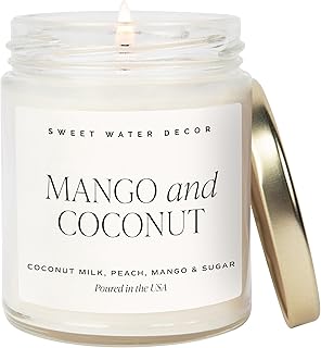 Sweet Water Decor Mango & Coconut Soy Candle - Pineapple, Mango and Orange Scented Summer Candles for Home - 9oz Clear Jar + Gold Lid, 40+ Hour Burn Time, Made in The USA