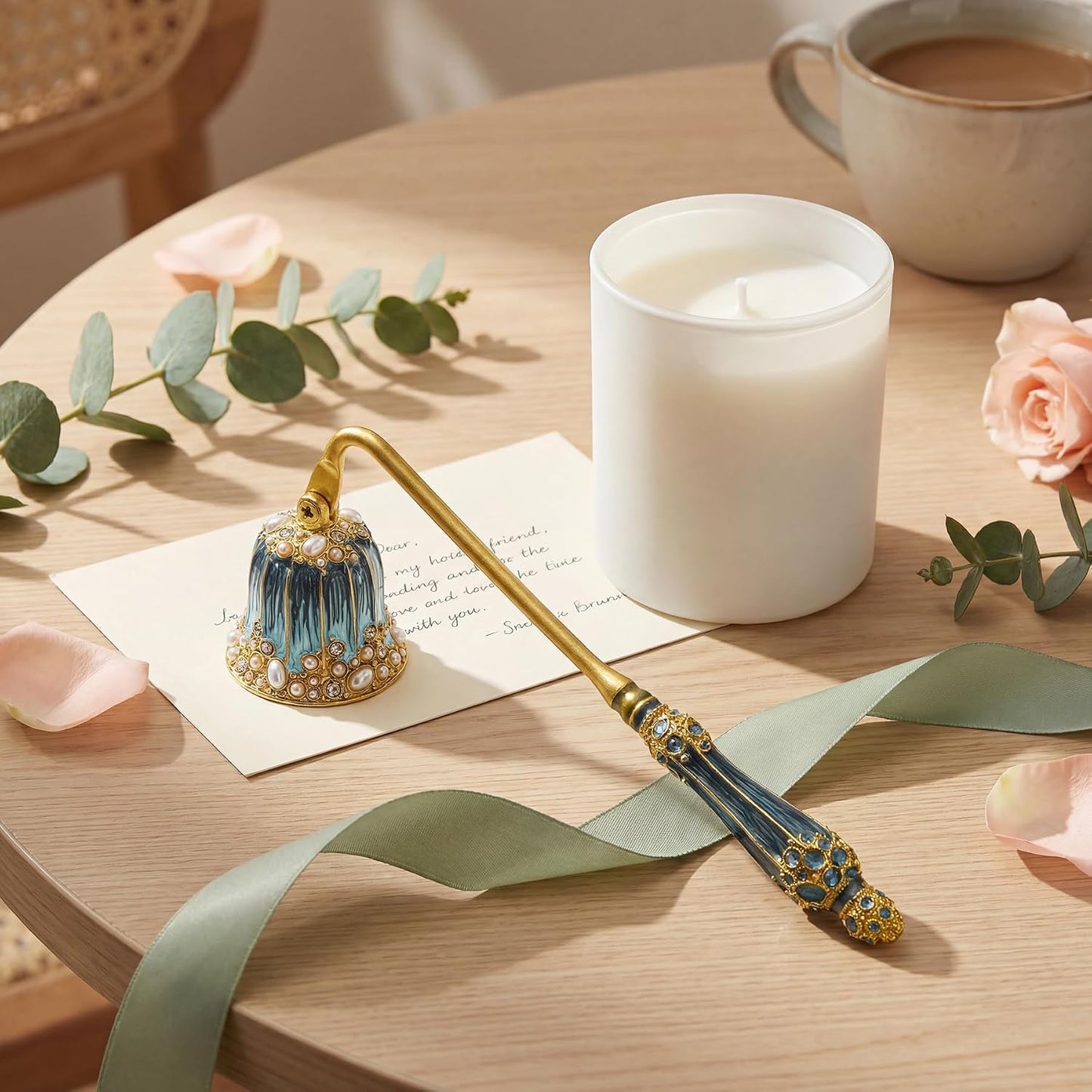 Kingrol Ornate Candle Snuffer with Hand-Enamel Finish, Decorative Zinc Alloy Candle Accessory with Crystal & Pearl Embellishments, Elegant Tool for Gently Extinguishing Candles